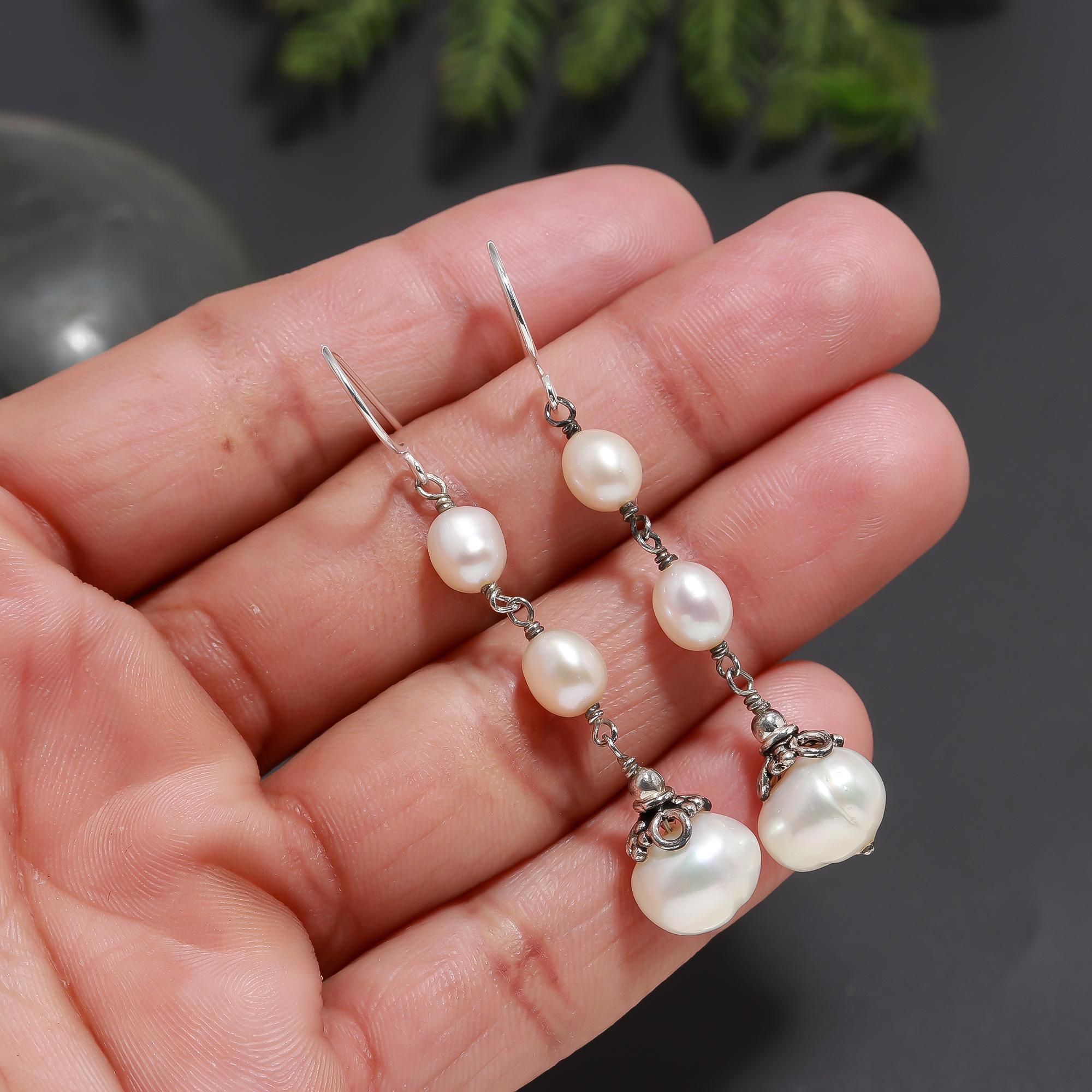 925 Silver Pearl Long Dangle Earrings