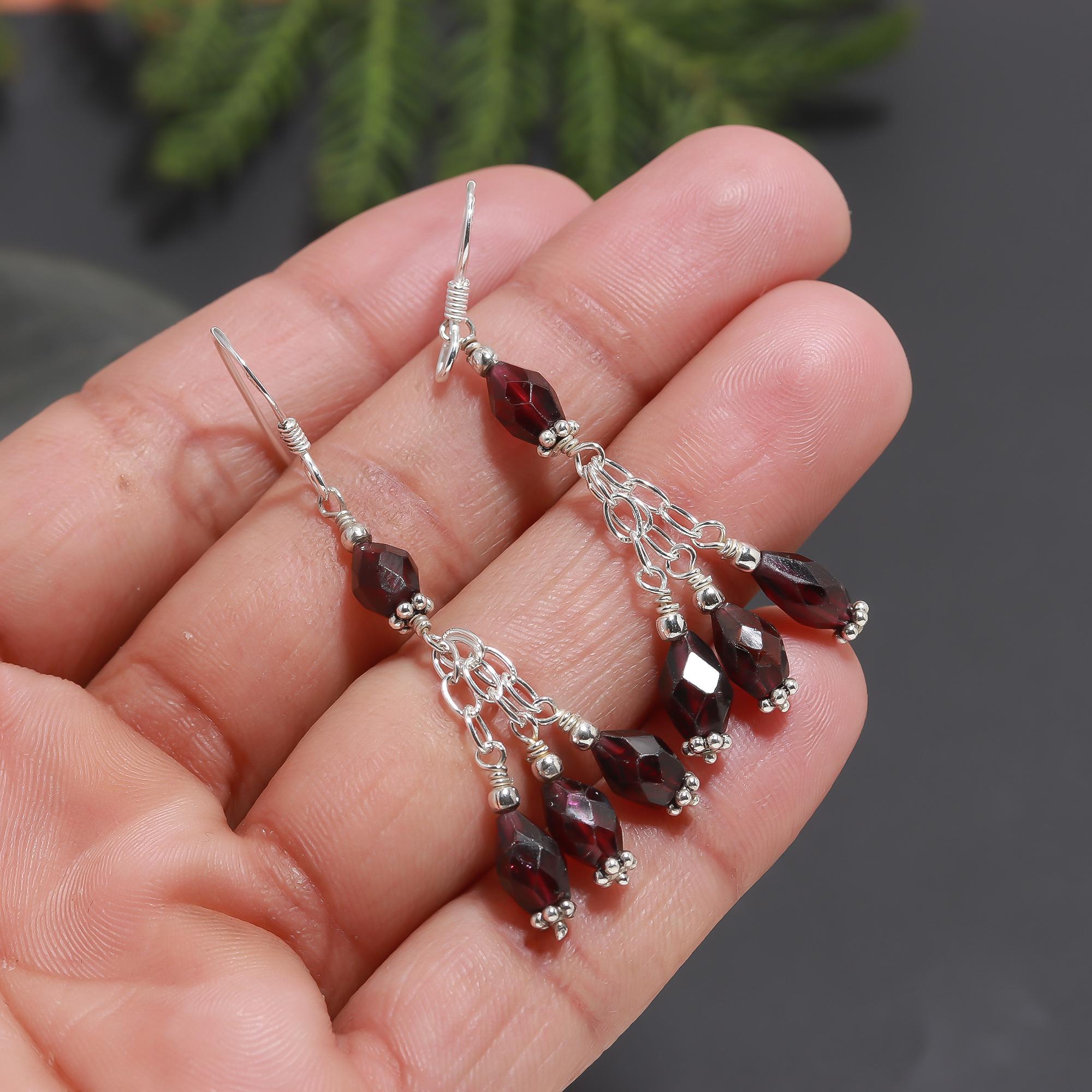 925 Silver Garnet Beads Tassel Dangle Earrings
