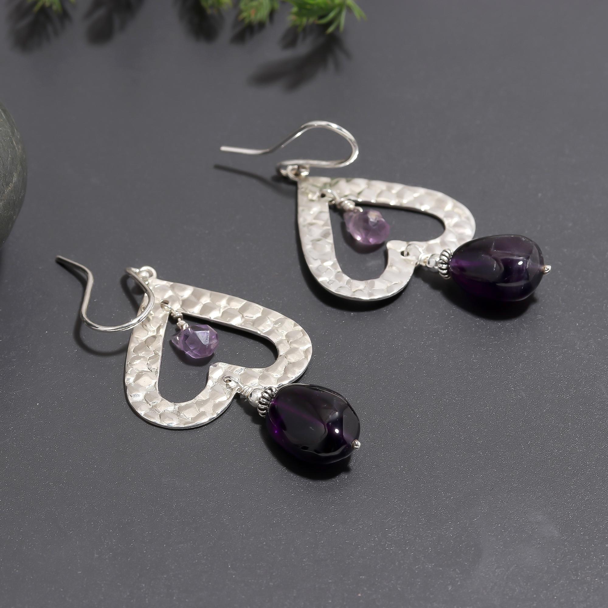 925 Silver Hammered Heart Dangle Earrings