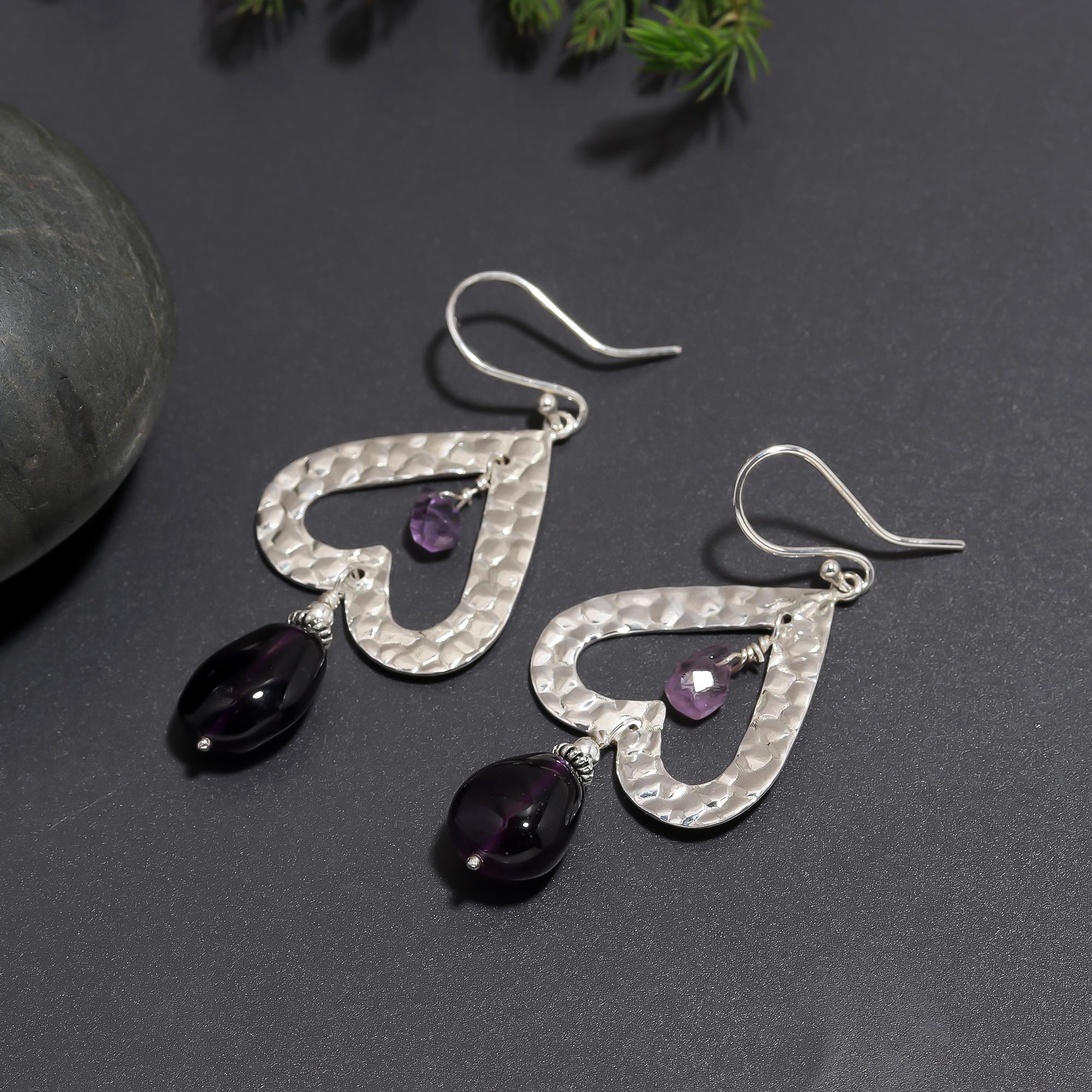 925 Silver Hammered Heart Dangle Earrings