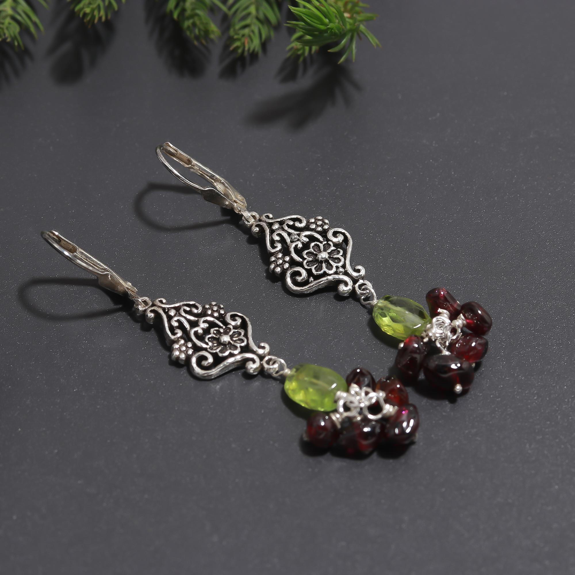 925 Silver Peridot and Garnet Dangle Earrings
