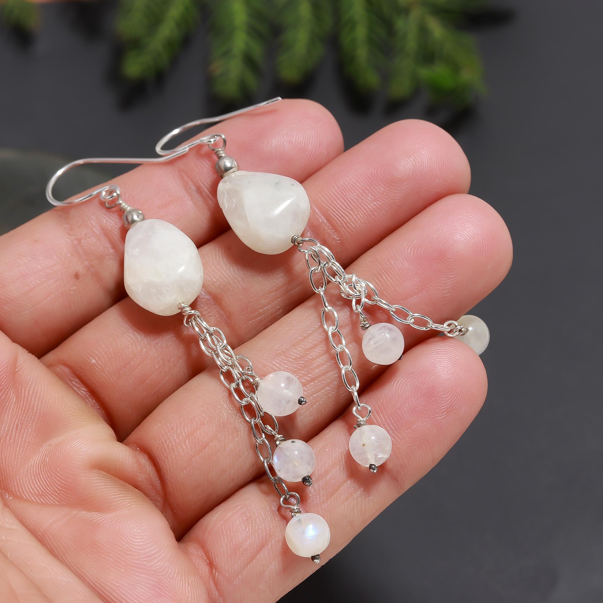 925 Silver Moonstone Beads Tassel Dangle Earrings