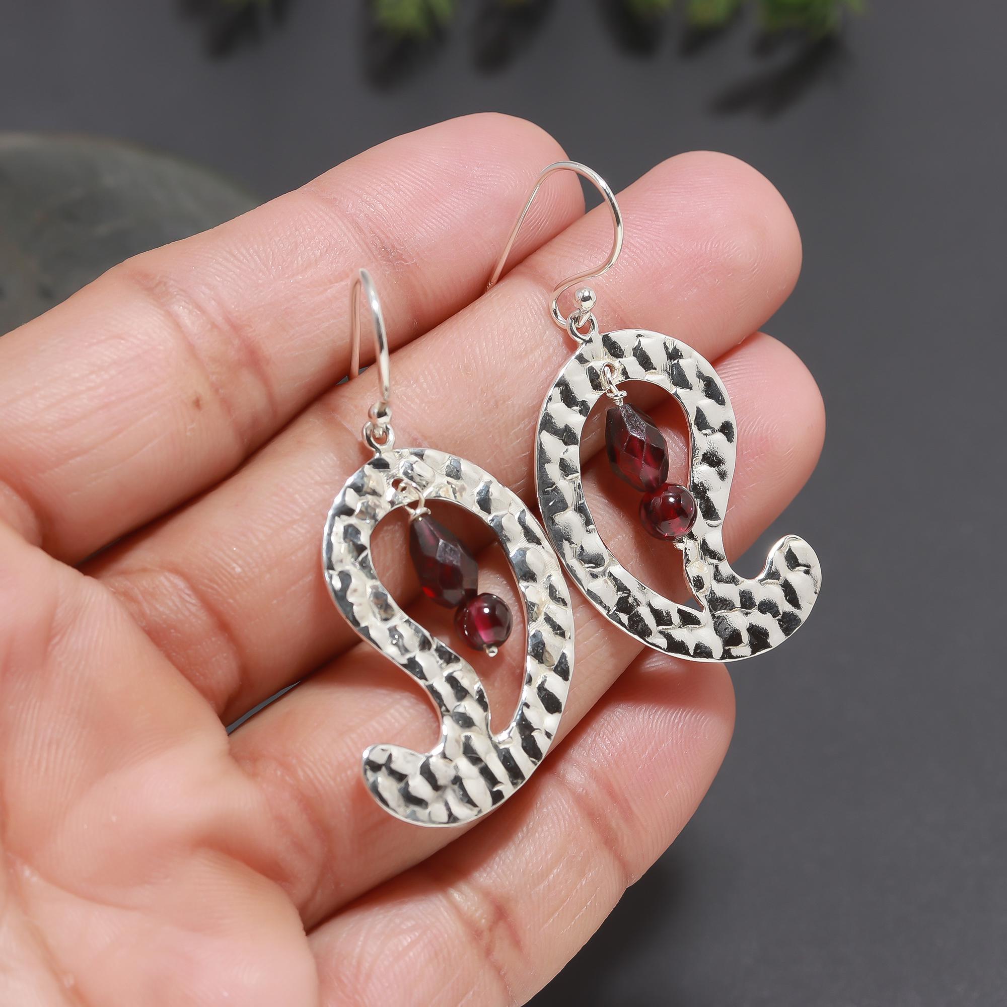925 Silver Hammered Swirl Garnet Dangle Earrings