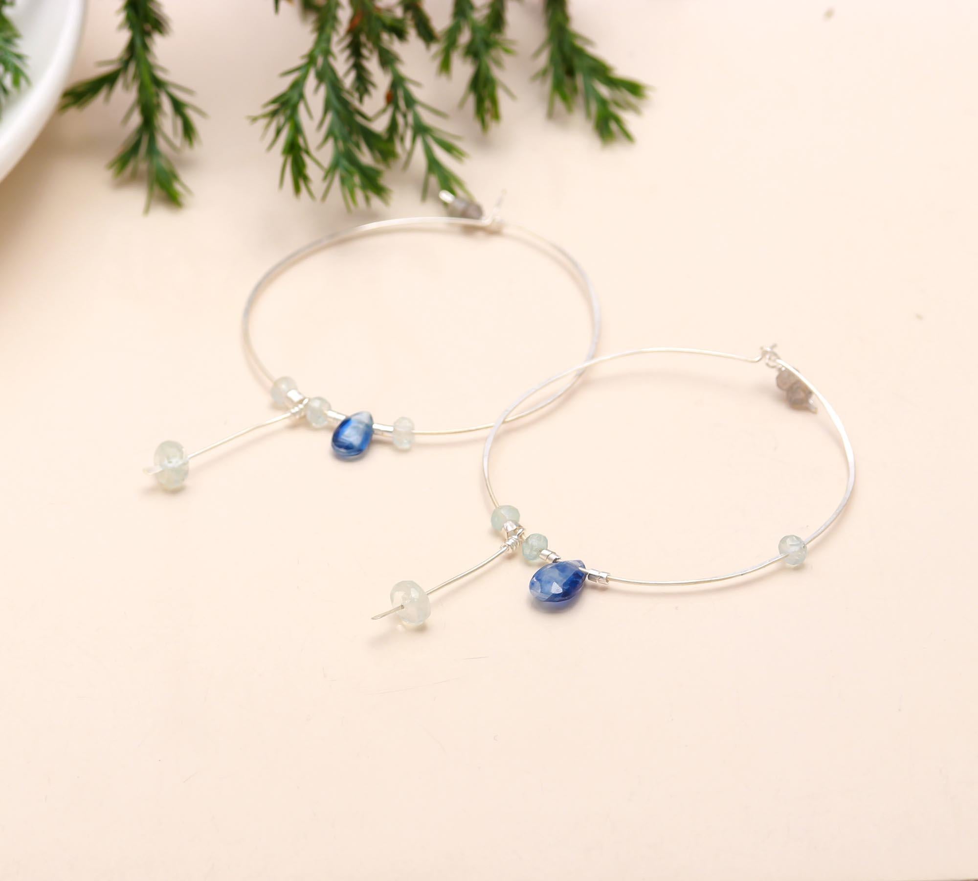 The Azure Drift: Kyanite & Aquamarine Silver Hoops