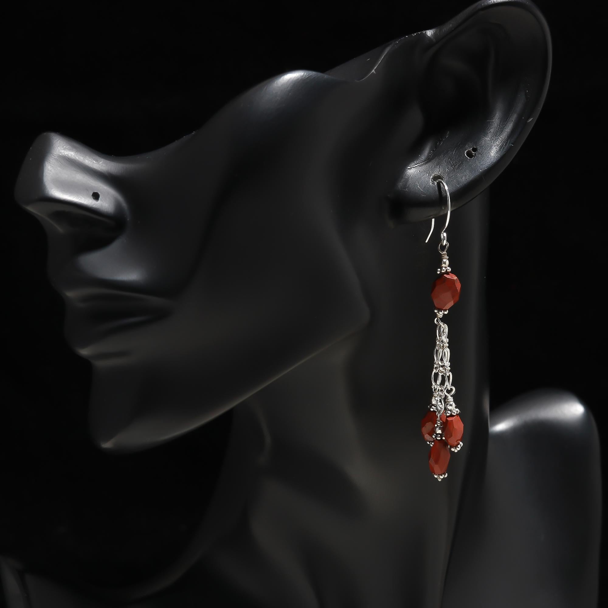 925 Silver Red Jasper Beads Long Dangle Earrings