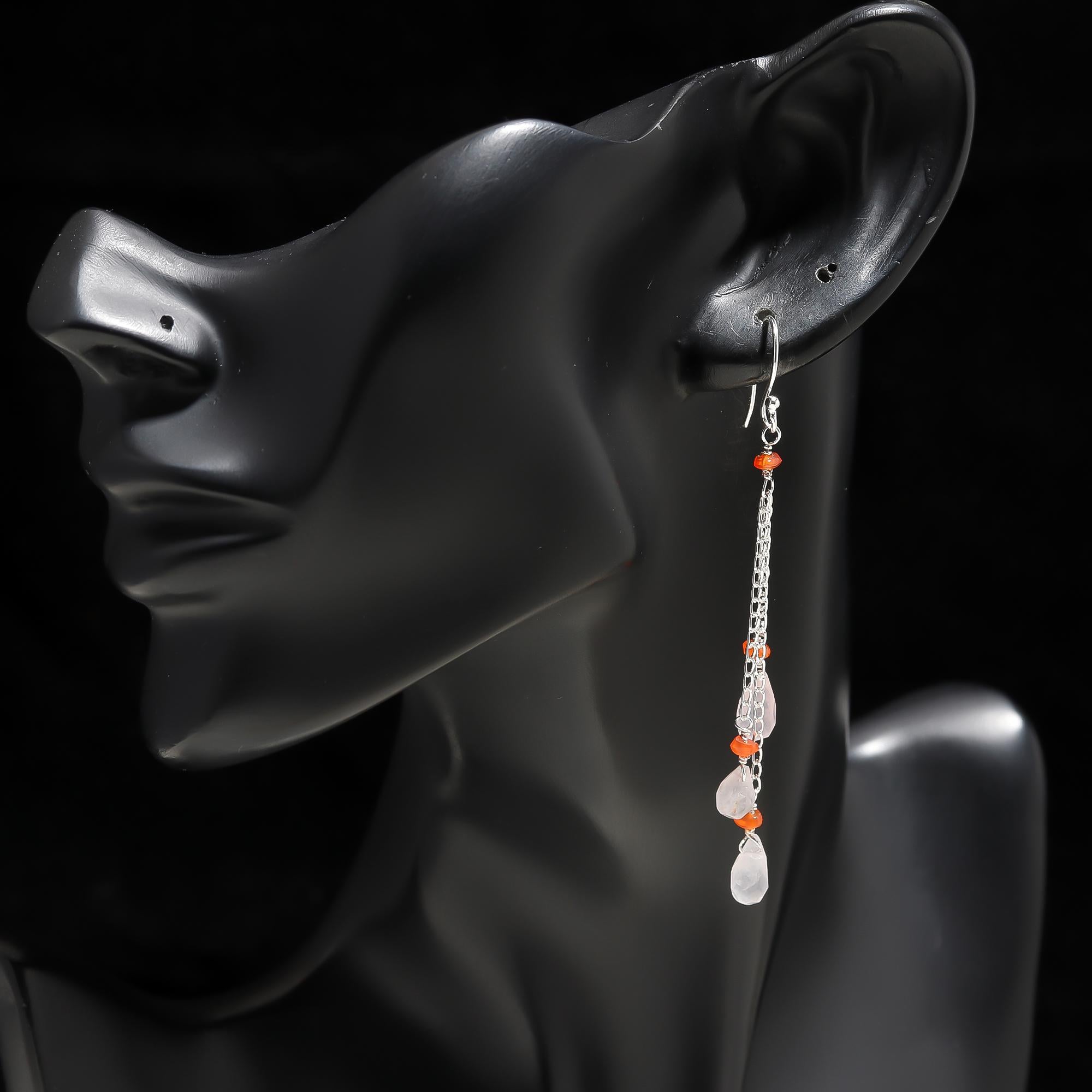 925 Silver Rose Quartz and Carnelian Long Dangle Earrings
