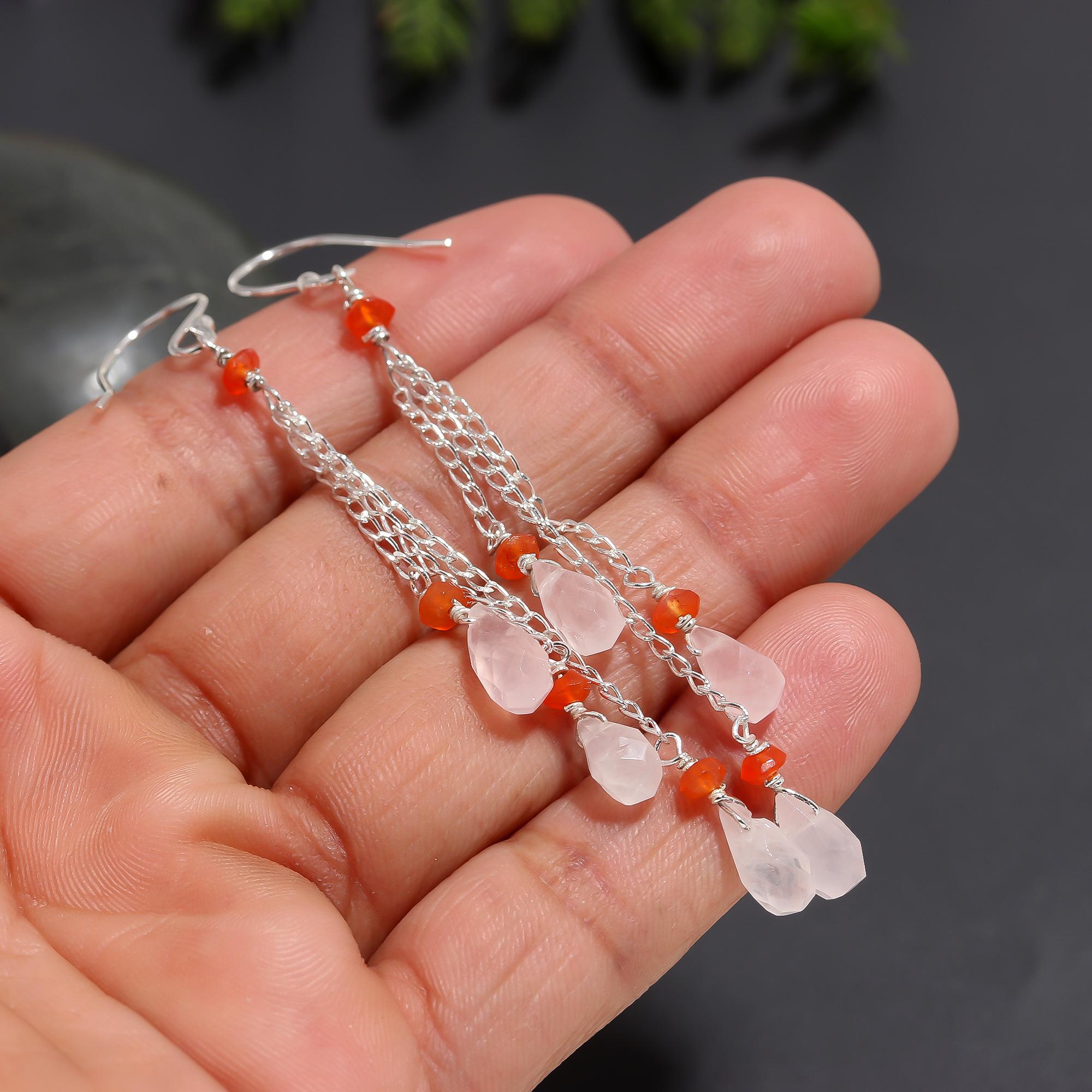 925 Silver Rose Quartz and Carnelian Long Dangle Earrings