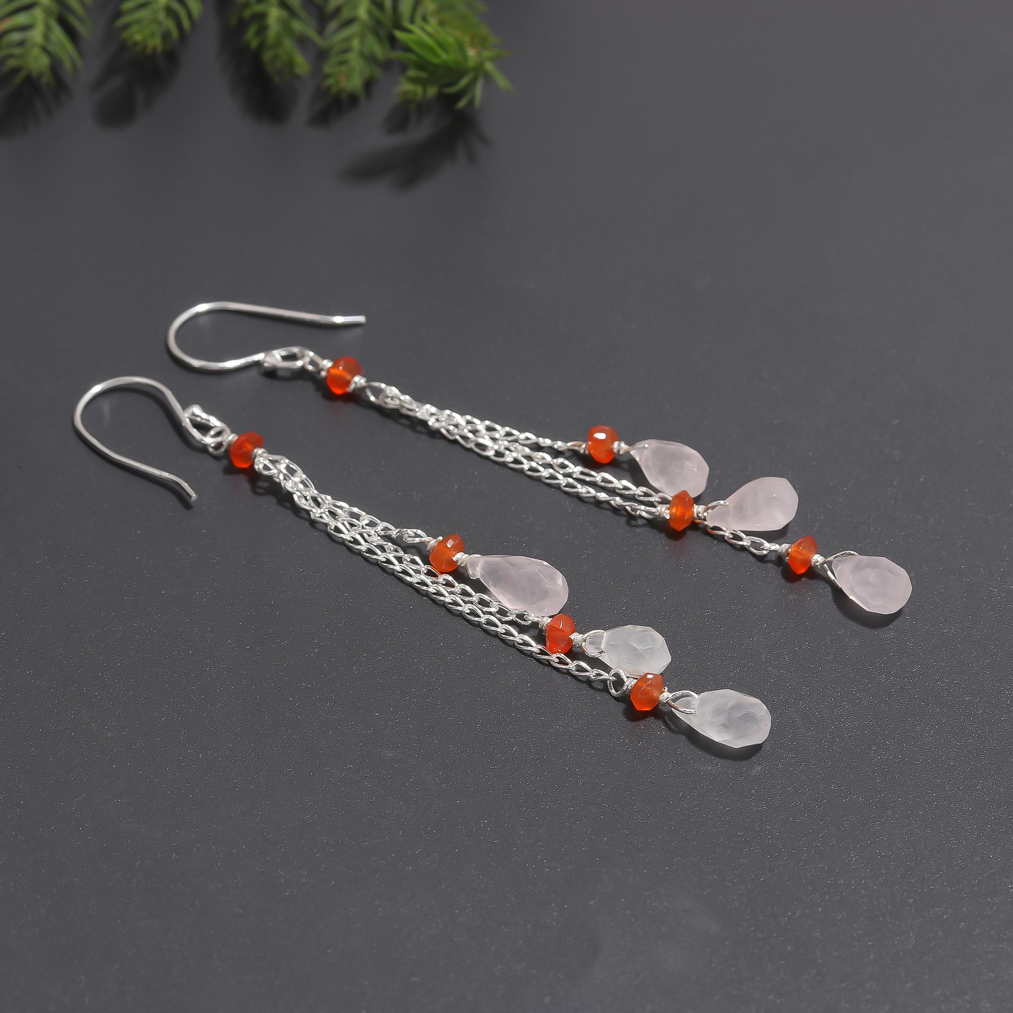 925 Silver Rose Quartz and Carnelian Long Dangle Earrings