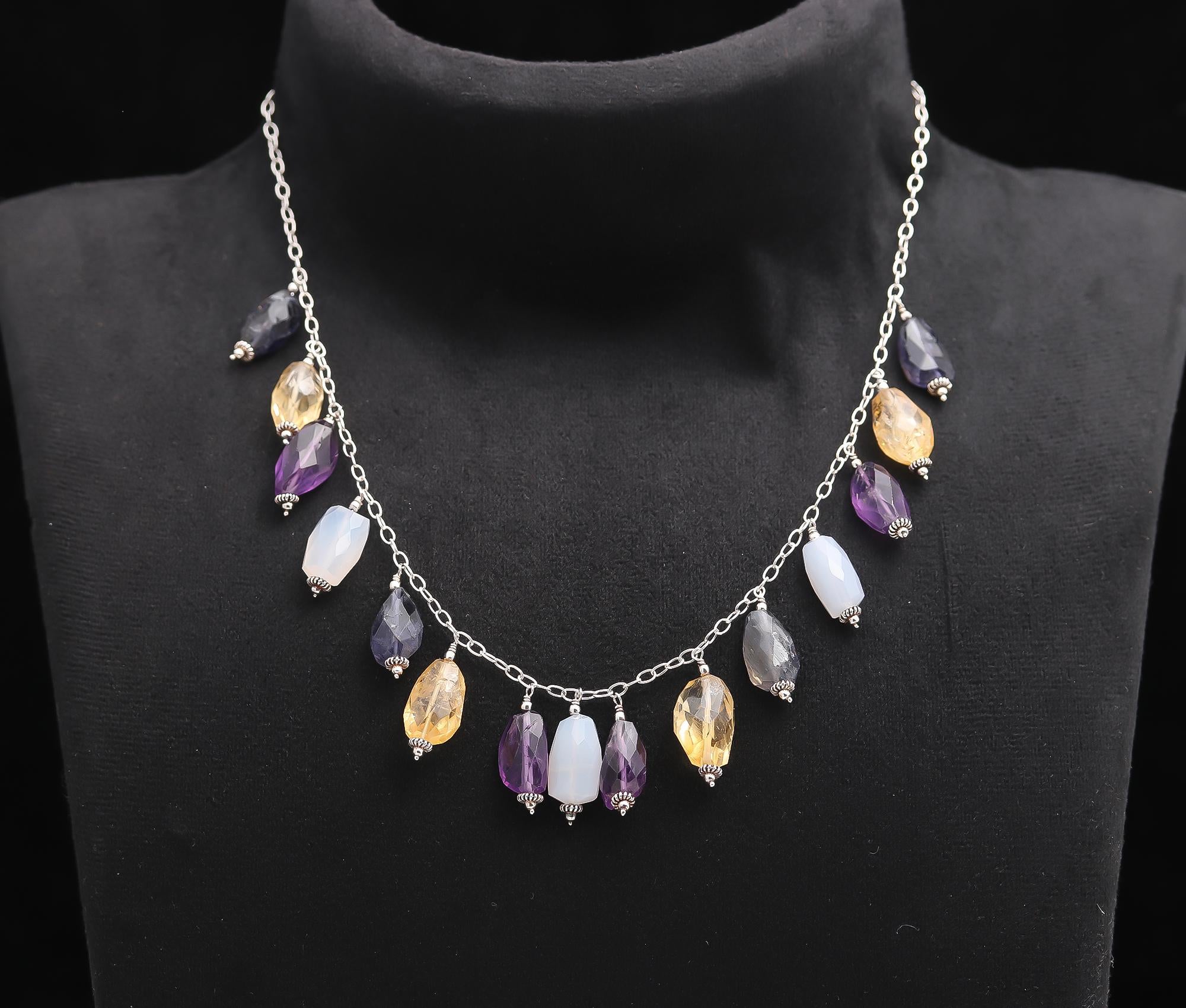 925 Silver Multicolor Gemstone Drop Necklace