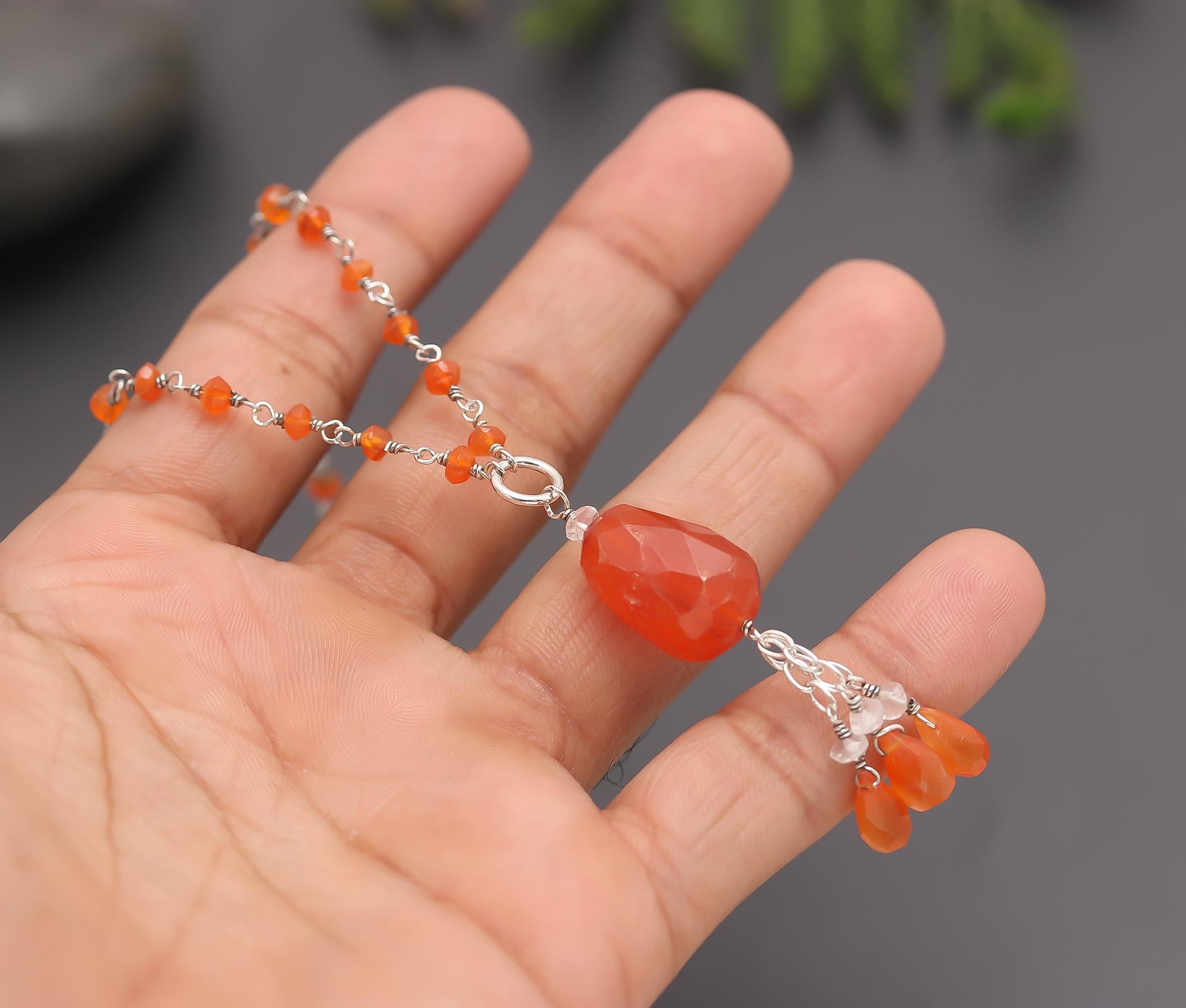 925 Silver Carnelian Beaded Pendant Necklace