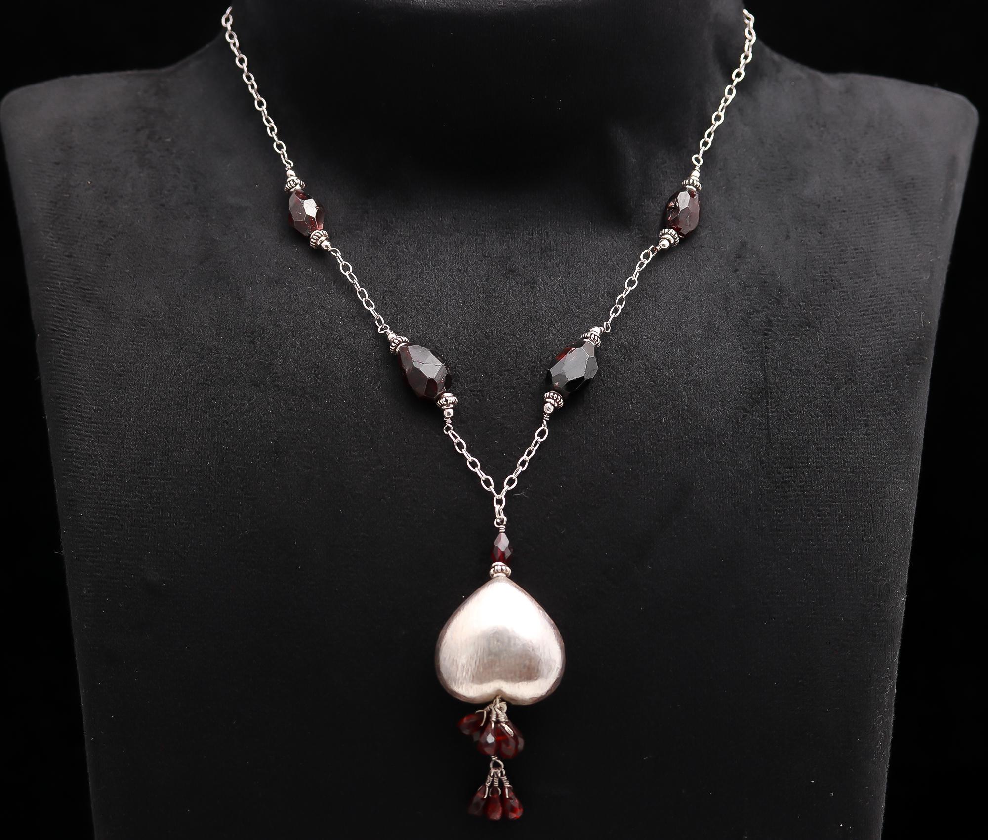 925 Silver Garnet Beads Heart Pendant Necklace