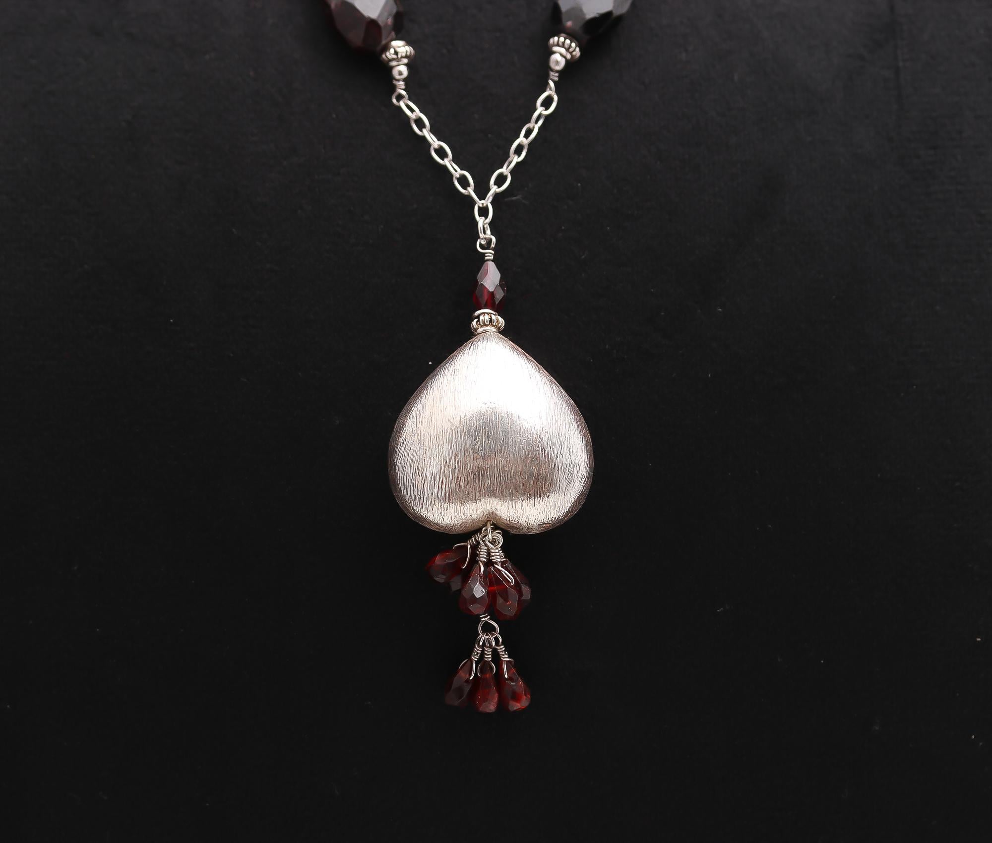 925 Silver Garnet Beads Heart Pendant Necklace