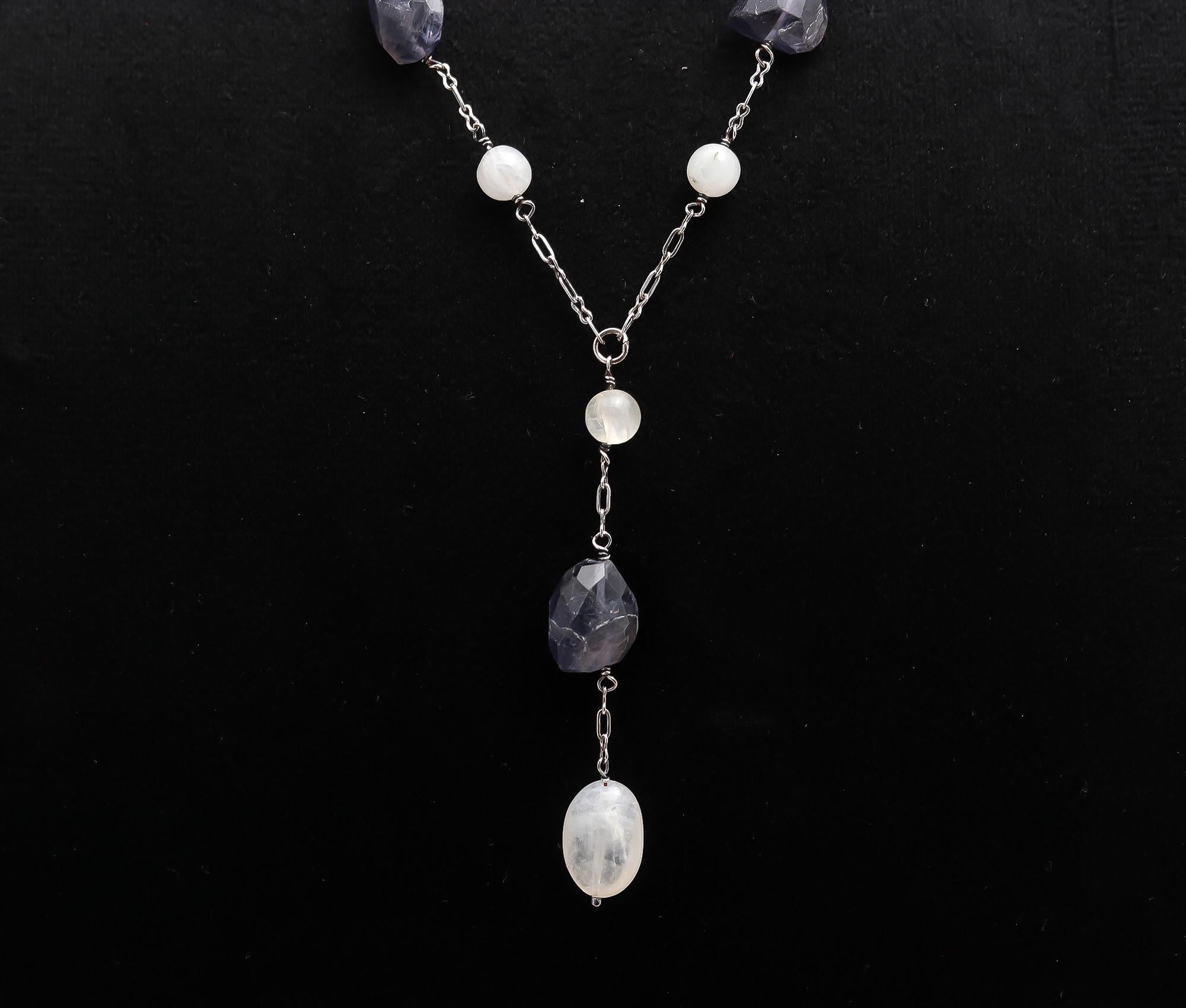 925 Silver Iolite and Moonstone Beads Necklace