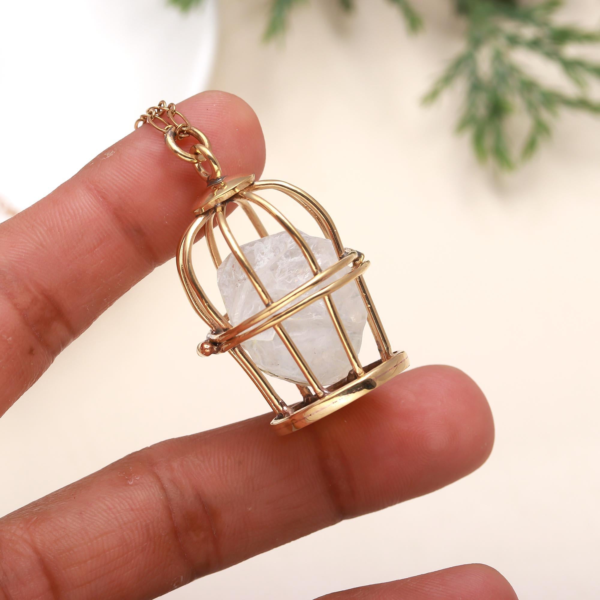 The Gilded Sanctuary: Raw Quartz Cage Pendant Necklace
