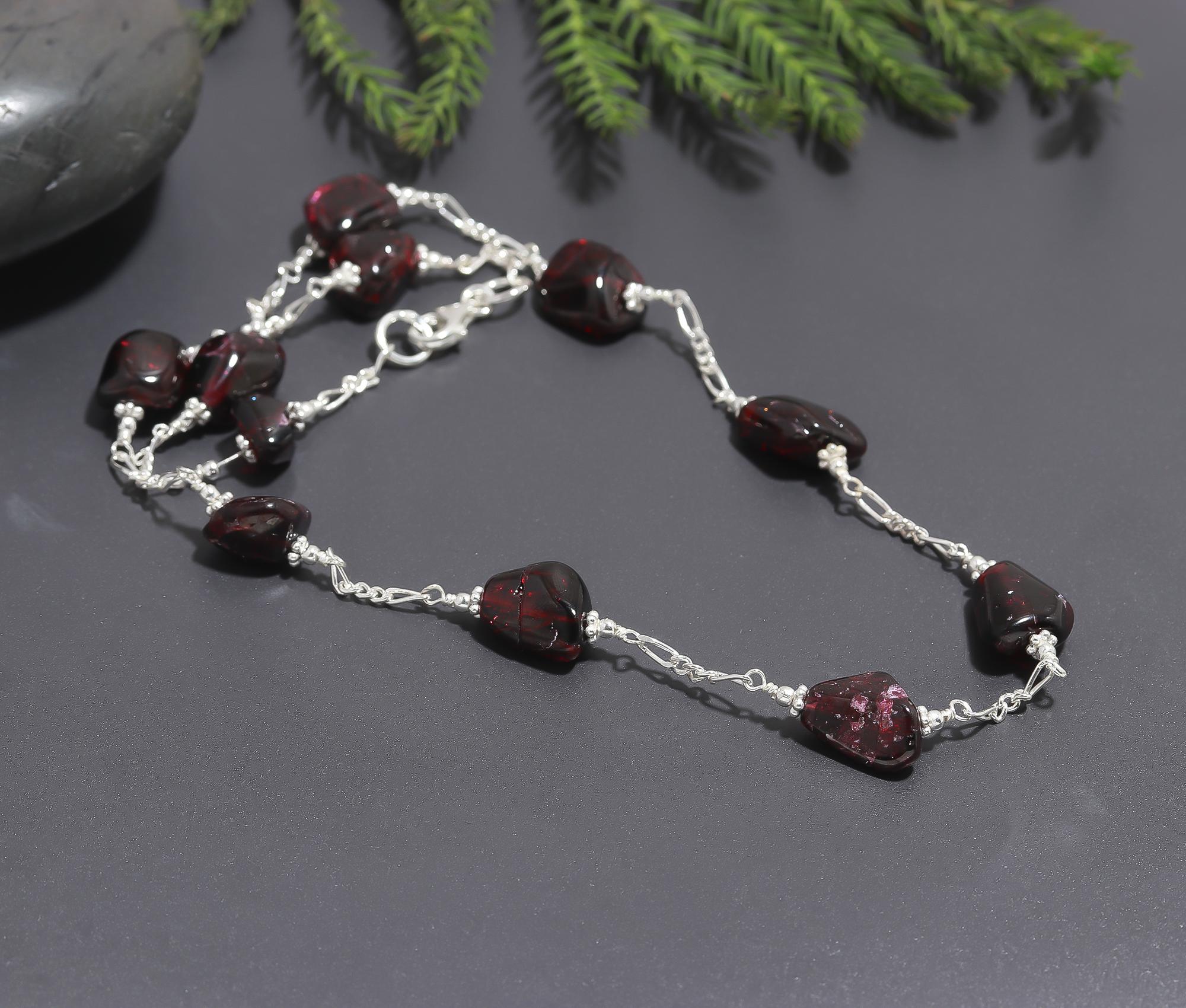 925 Silver Garnet Beads Chain Necklace