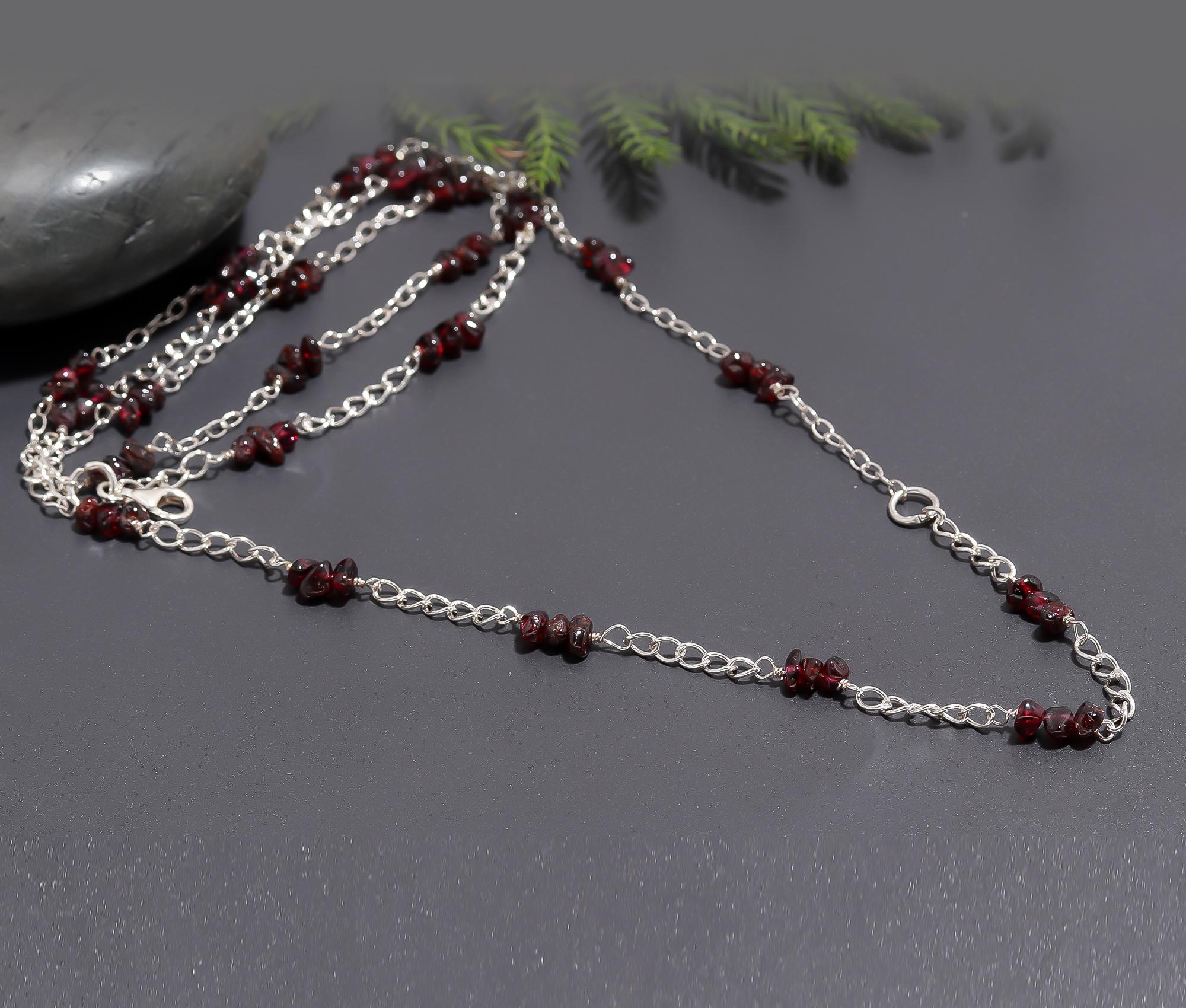 925 Silver Garnet Beaded Layered Chain Necklace