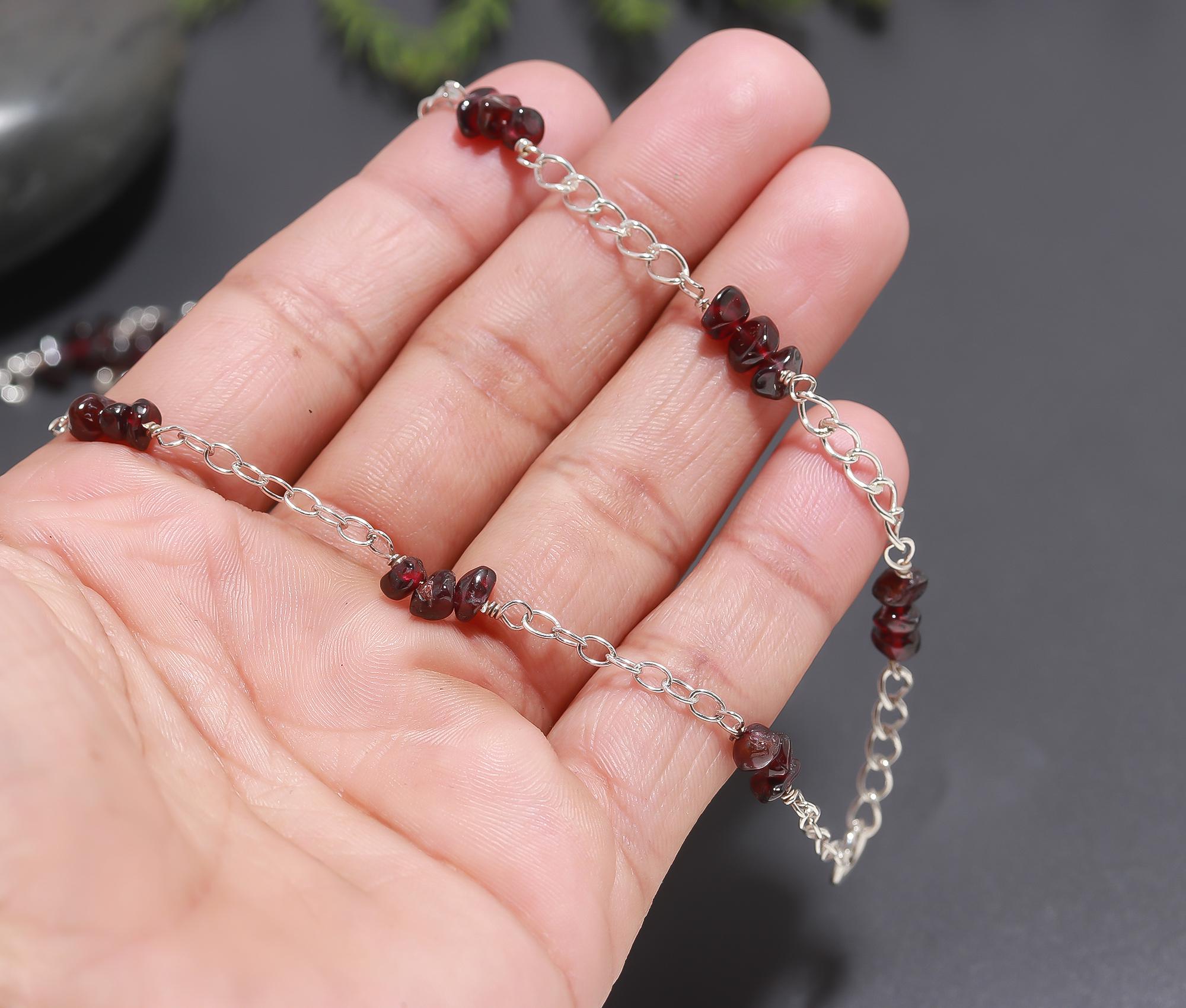 925 Silver Garnet Beaded Layered Chain Necklace