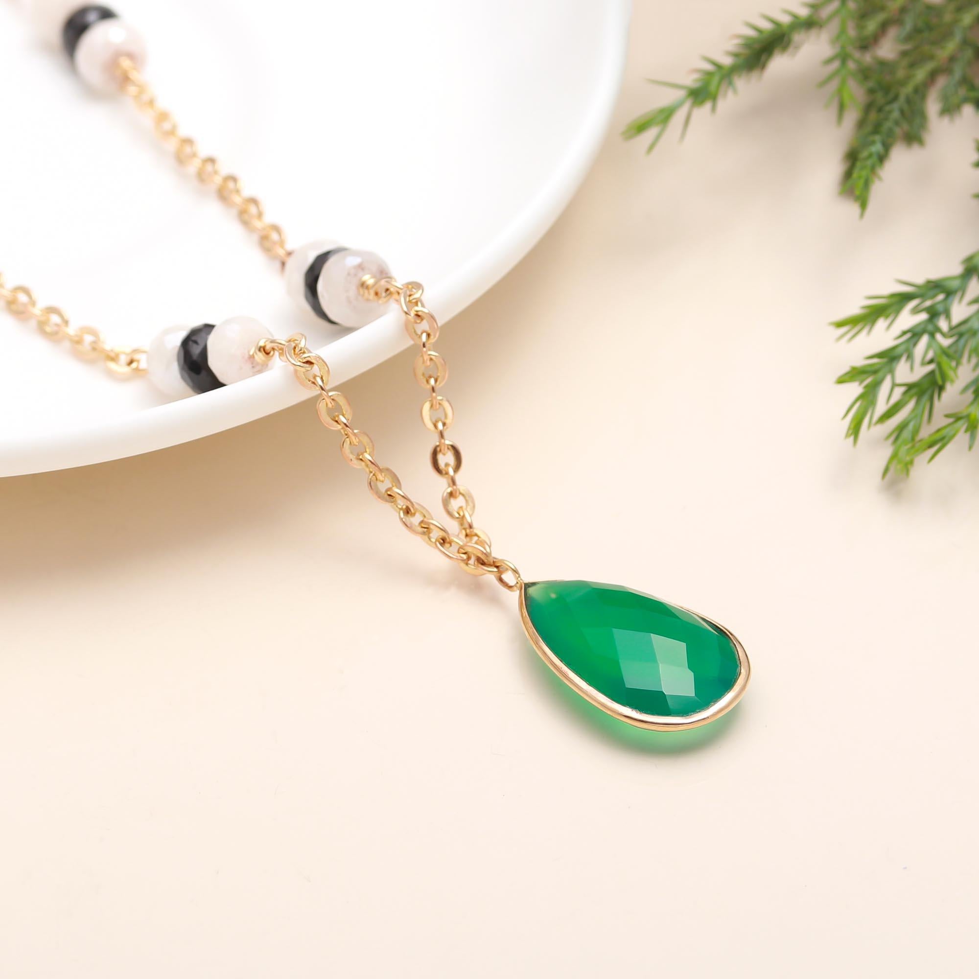 The Emerald Drop: Green Onyx & Station Chain Necklace