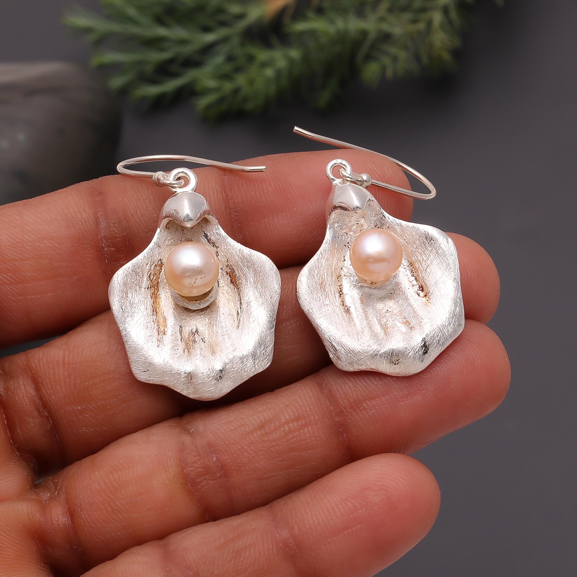 The Organic Bloom: Textured Silver & Pink Pearl Earrings