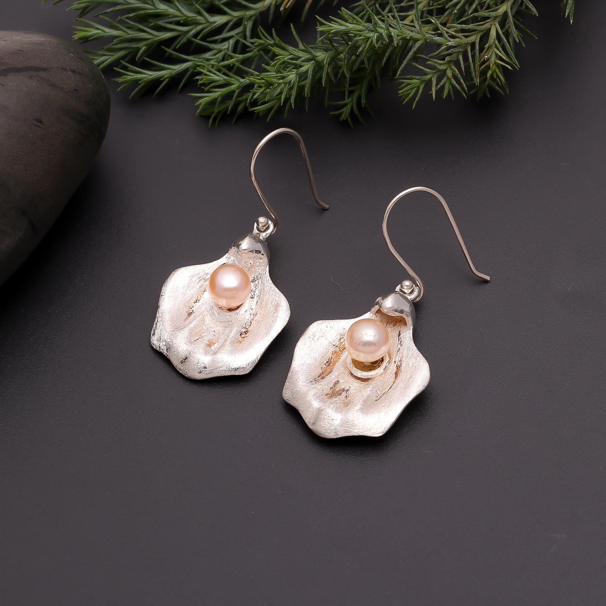The Organic Bloom: Textured Silver & Pink Pearl Earrings