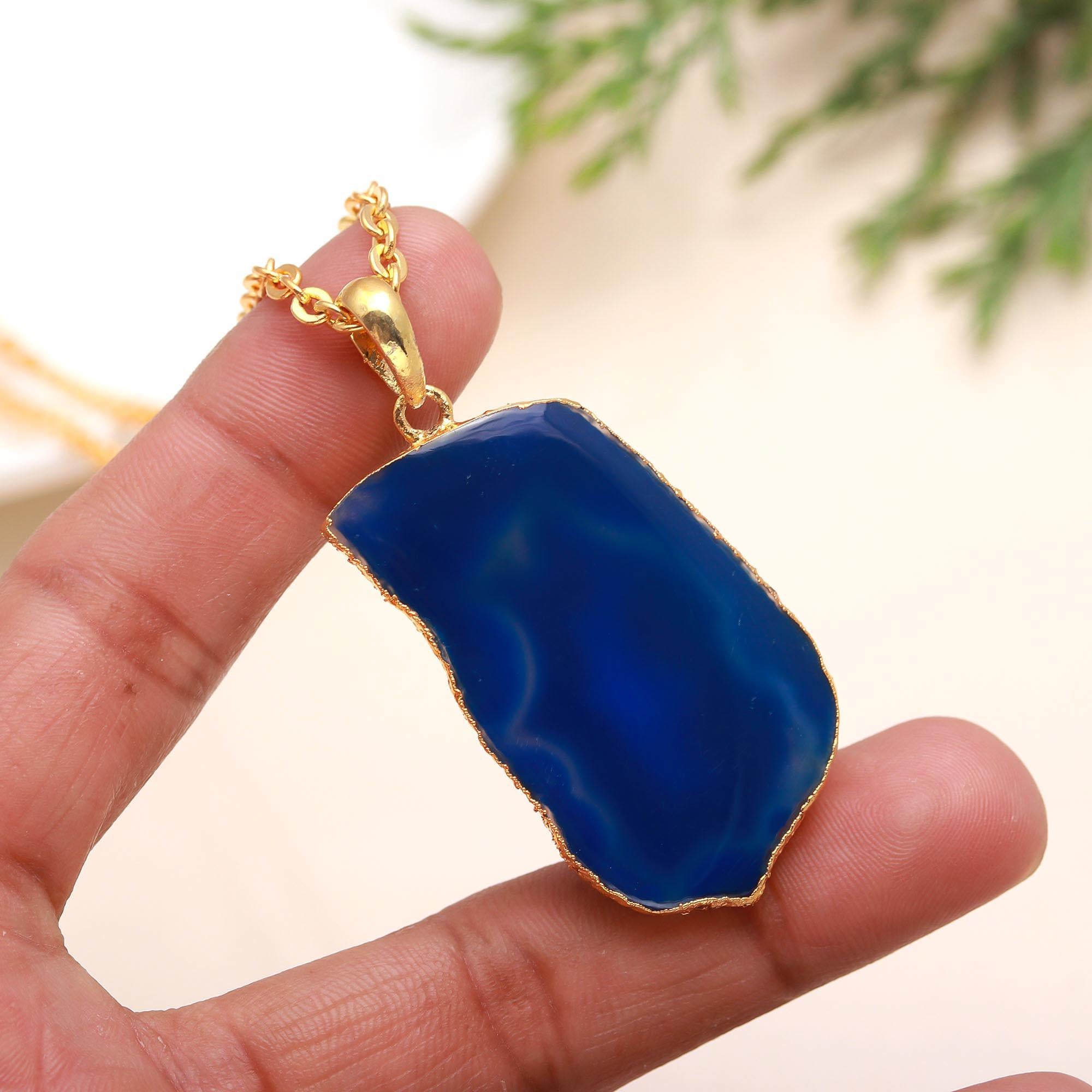 925 Silver Blue Agate Slice Pendant Necklace
