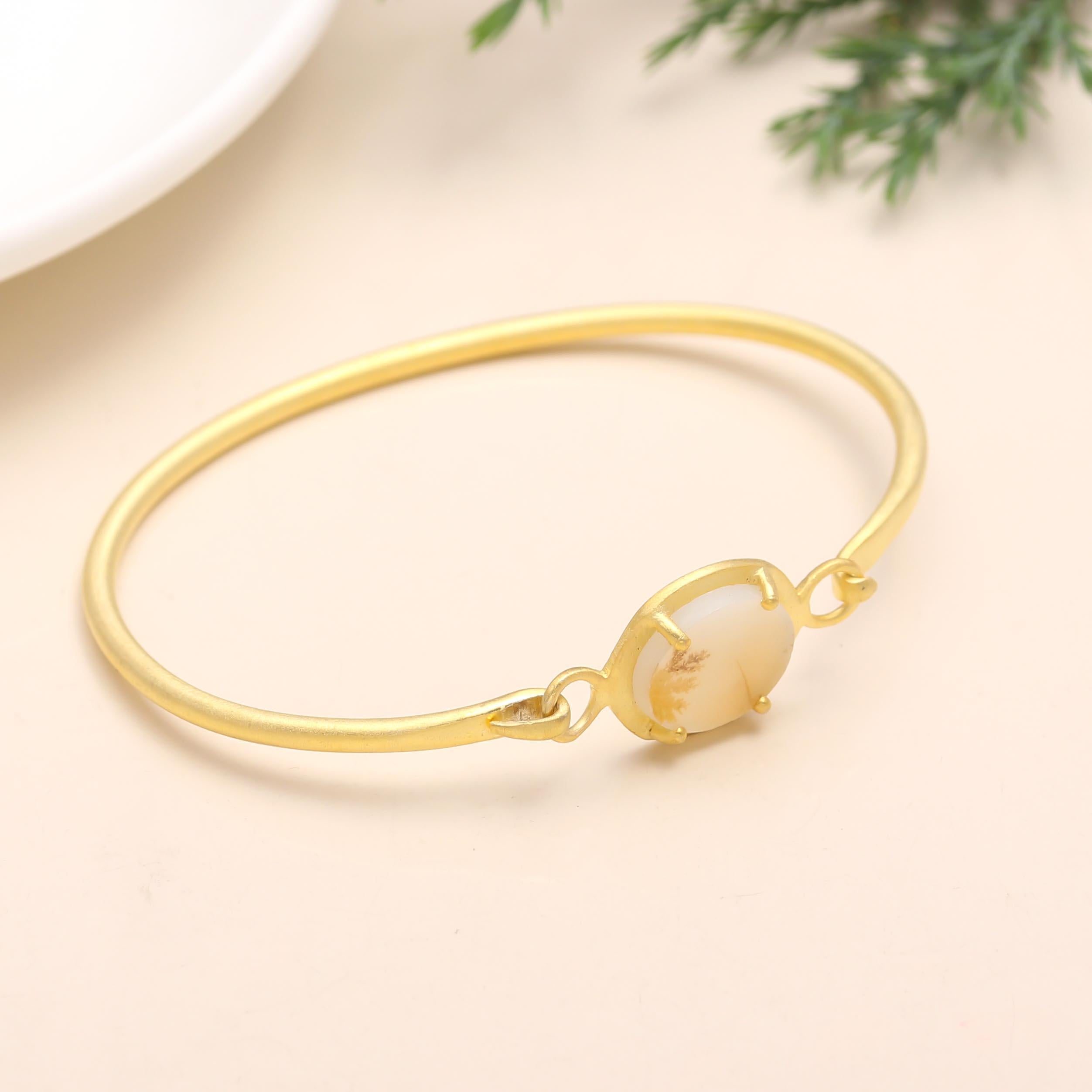 The Ethereal Canvas: White Dendritic Agate Gold Vermeil Bangle