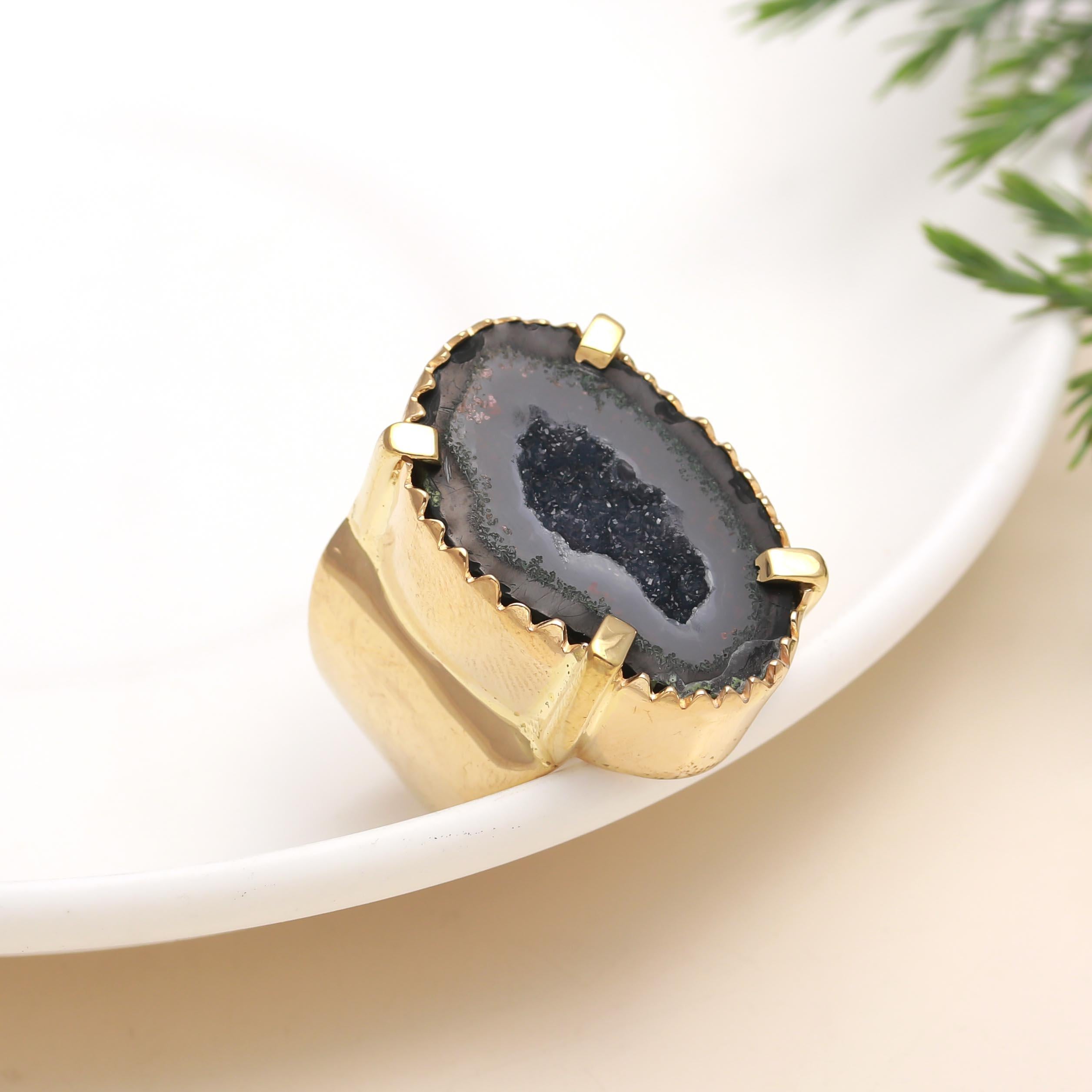 925 Silver Black Agate Druzy Ring