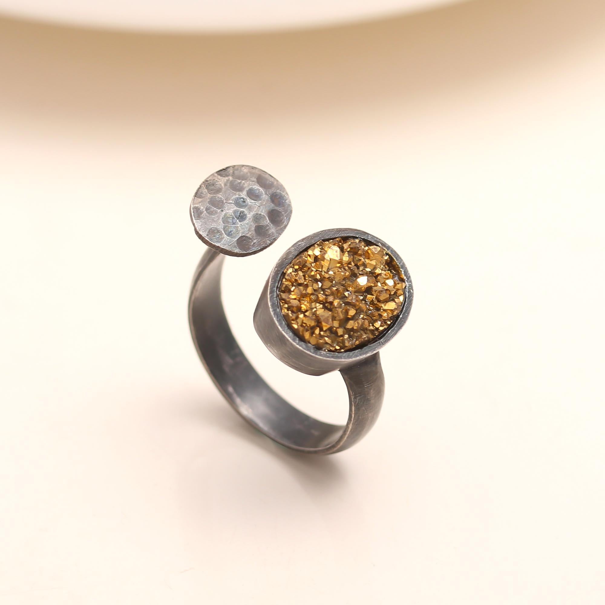 The Mixed Metal Druzy: Pyrite & Disc Open Ring