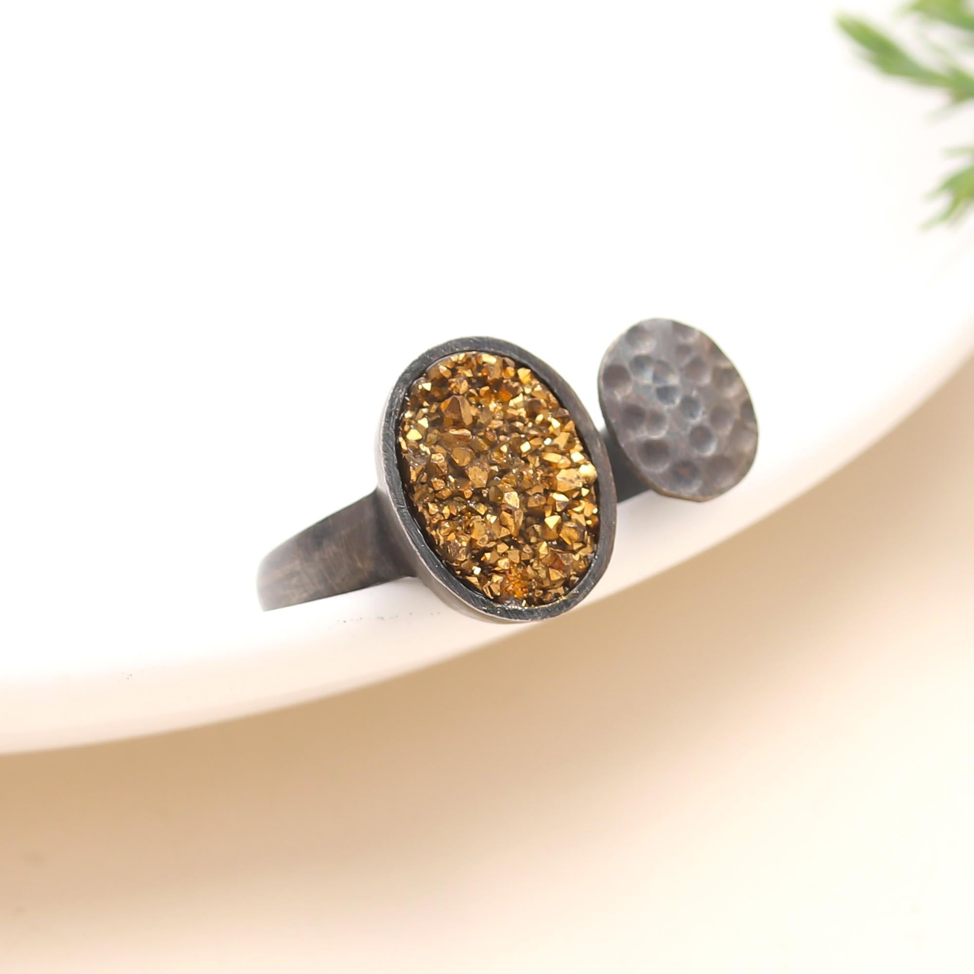 The Mixed Metal Druzy: Pyrite & Disc Open Ring