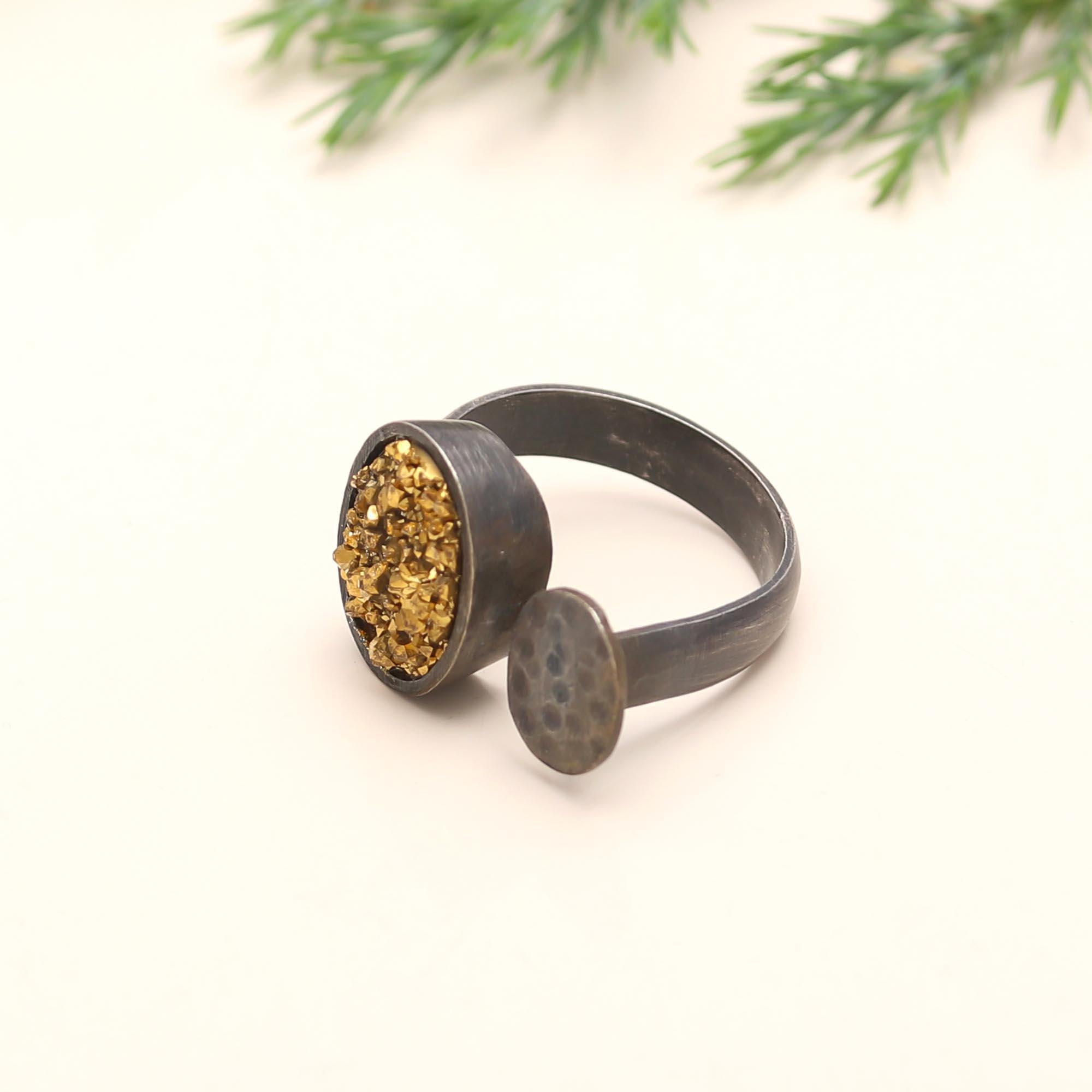The Mixed Metal Druzy: Pyrite & Disc Open Ring