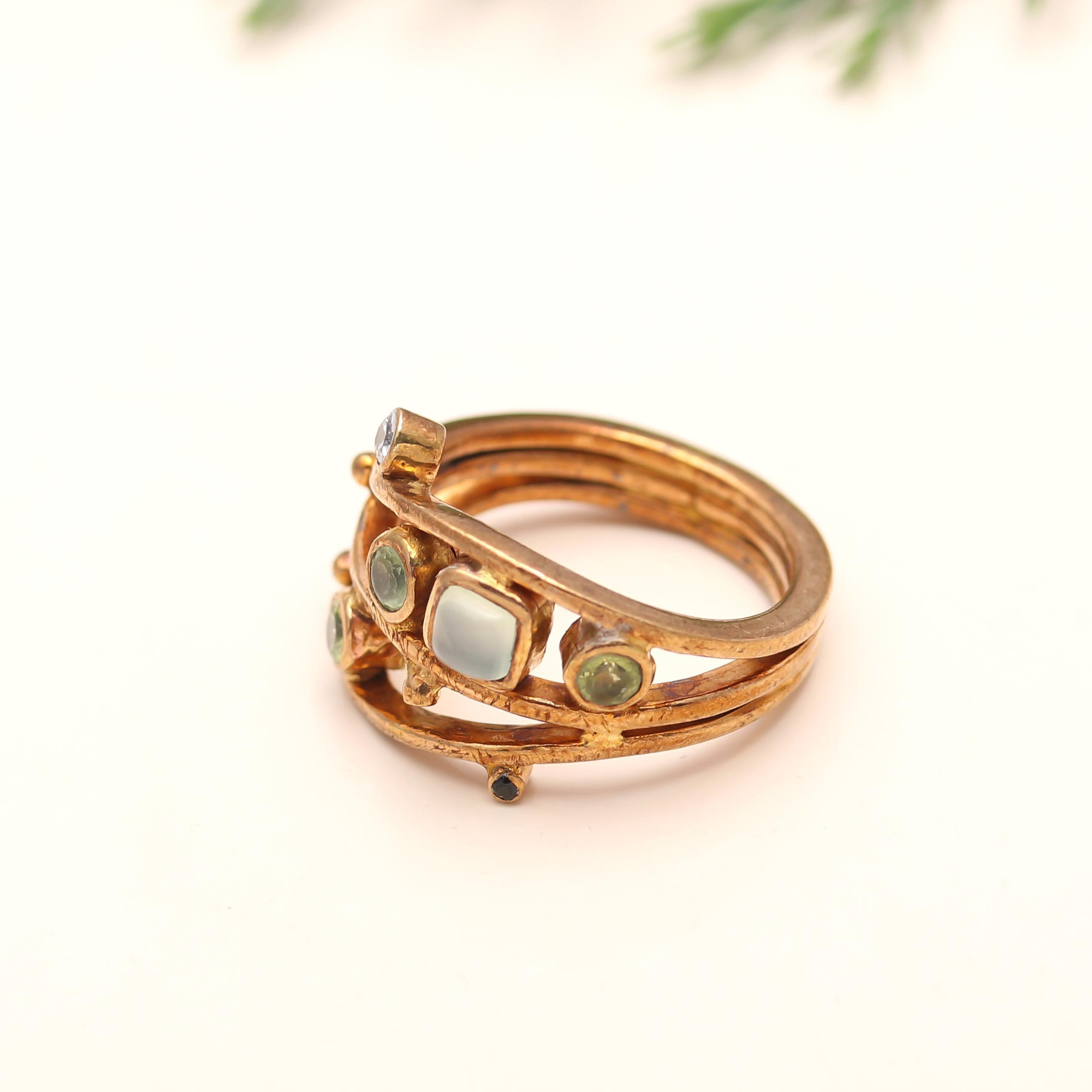 The Mixed Gemstone Cage: Multi-Row Peridot & Aquamarine Ring