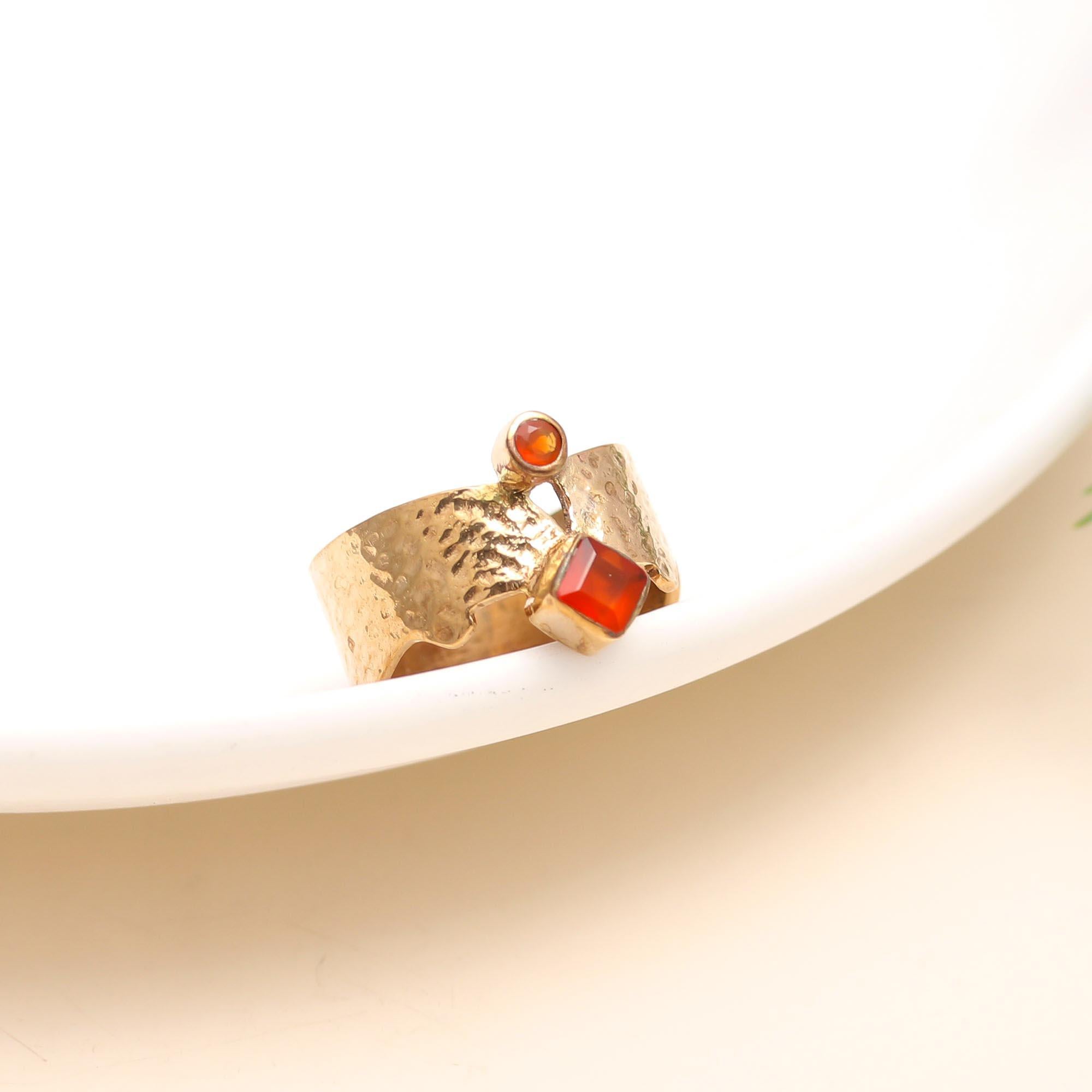 The Rustic Carnelian Shield: Wide Hammered Multi-Stone Ring