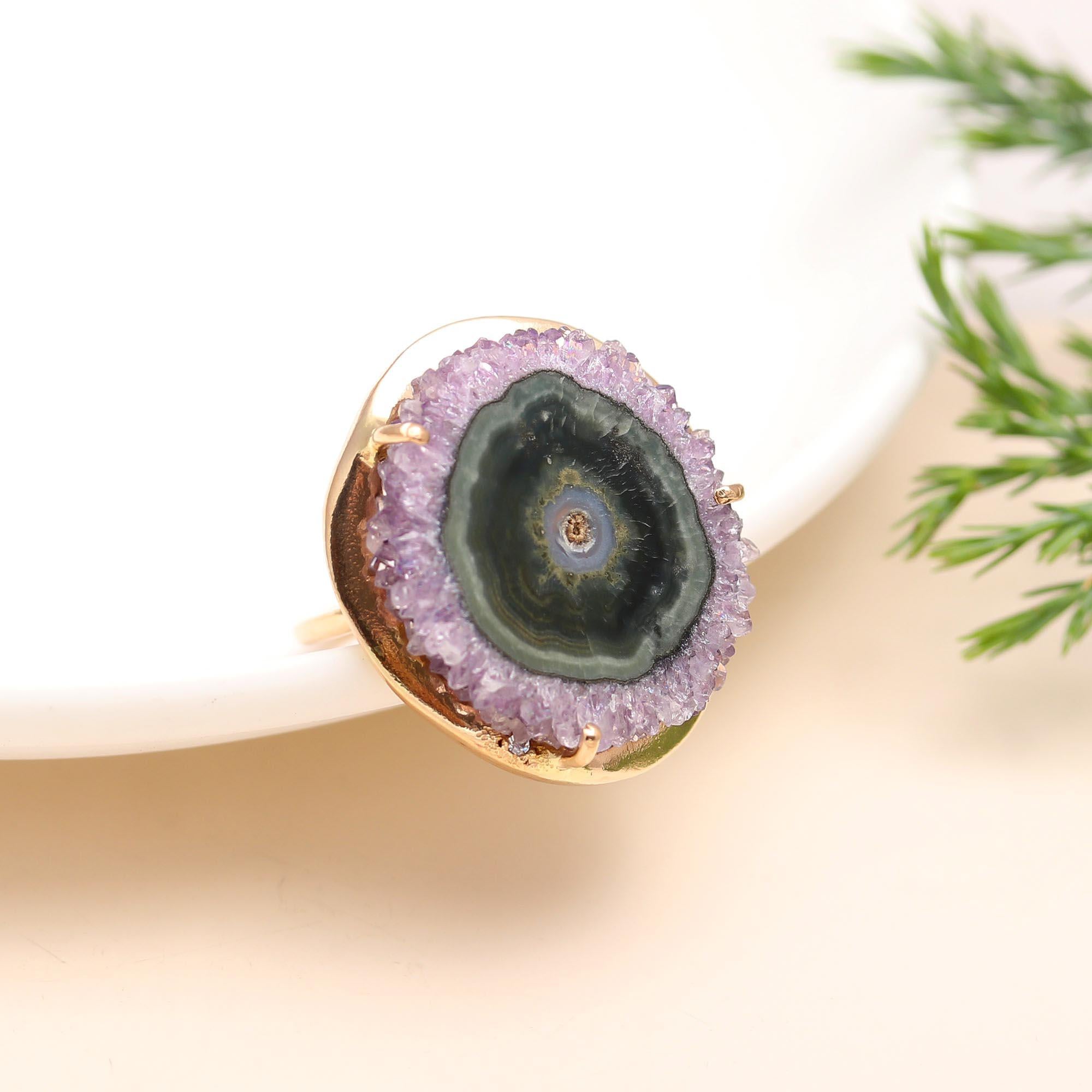 The Violet Galaxy: Amethyst Stalactite Slice Gold Ring