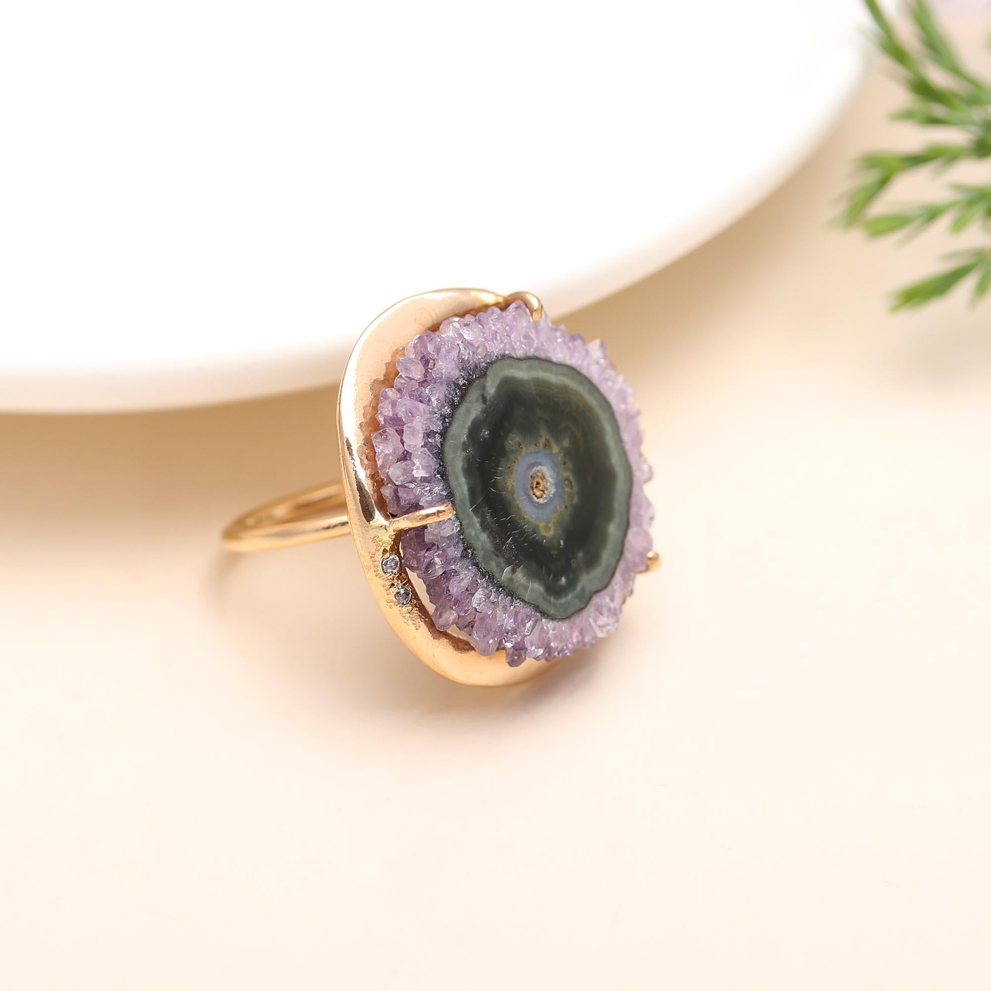 The Violet Galaxy: Amethyst Stalactite Slice Gold Ring