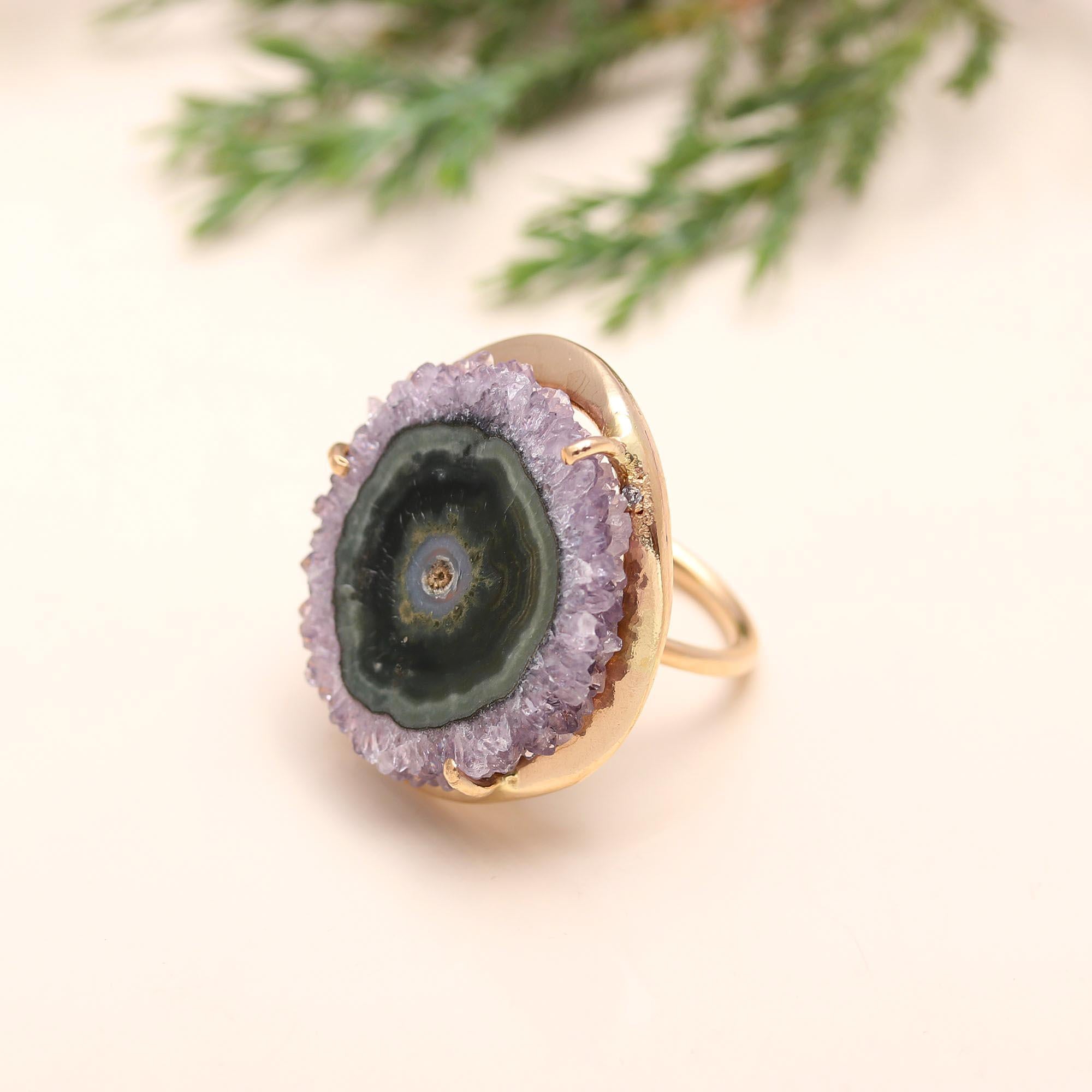 The Violet Galaxy: Amethyst Stalactite Slice Gold Ring