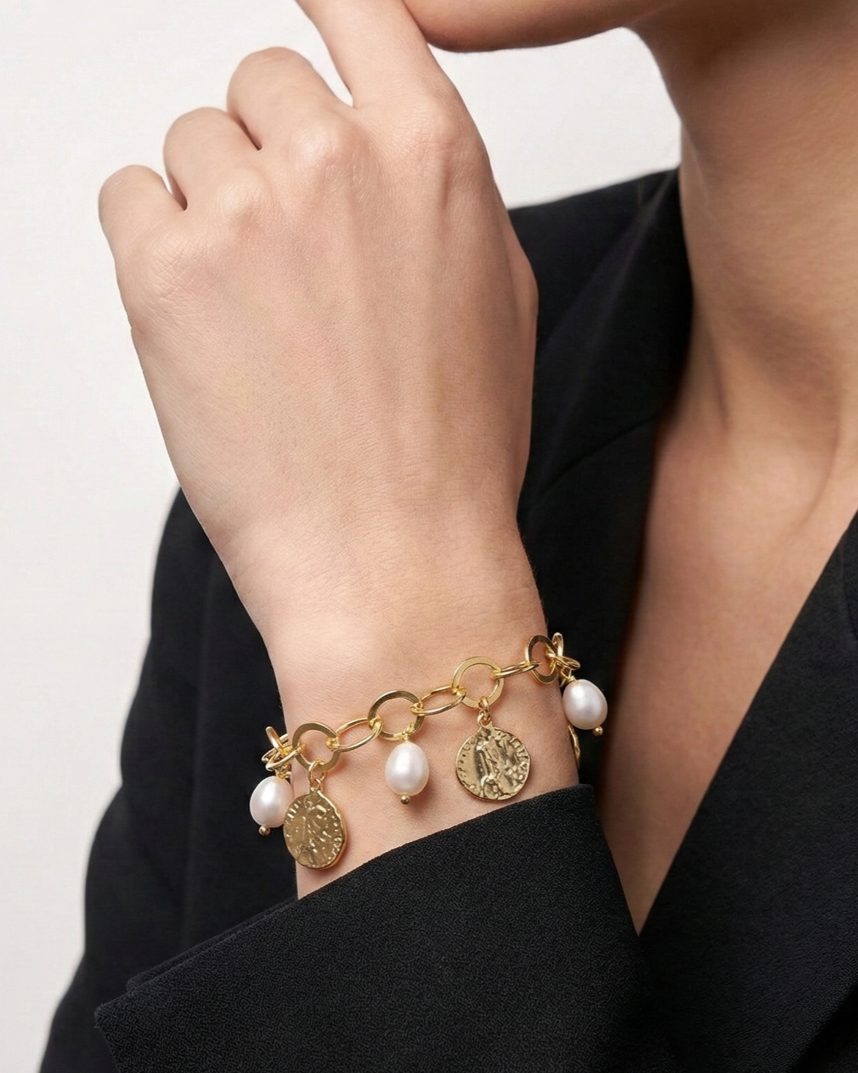 The Roman Heritage: Pearl Gold Coin Charm Bracelet
