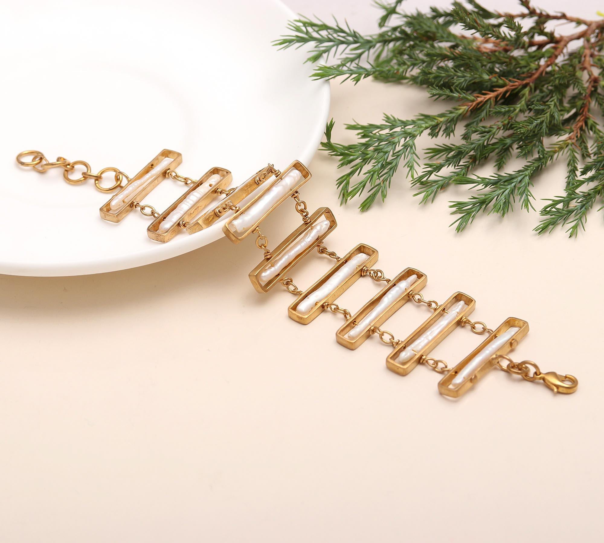 Brass Bracelet with Biwa Pearls