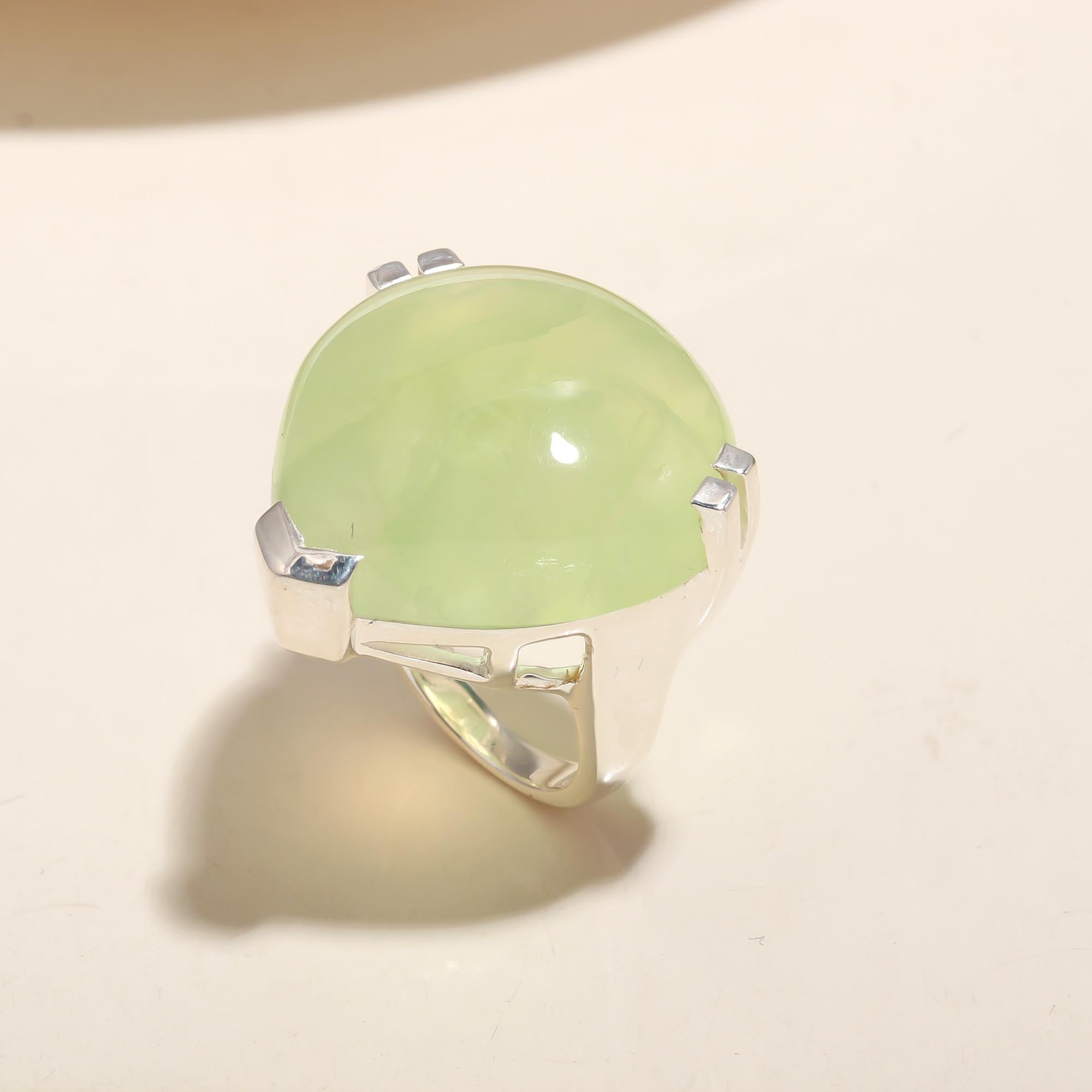 925 Silver Large Green Prehnite Ring