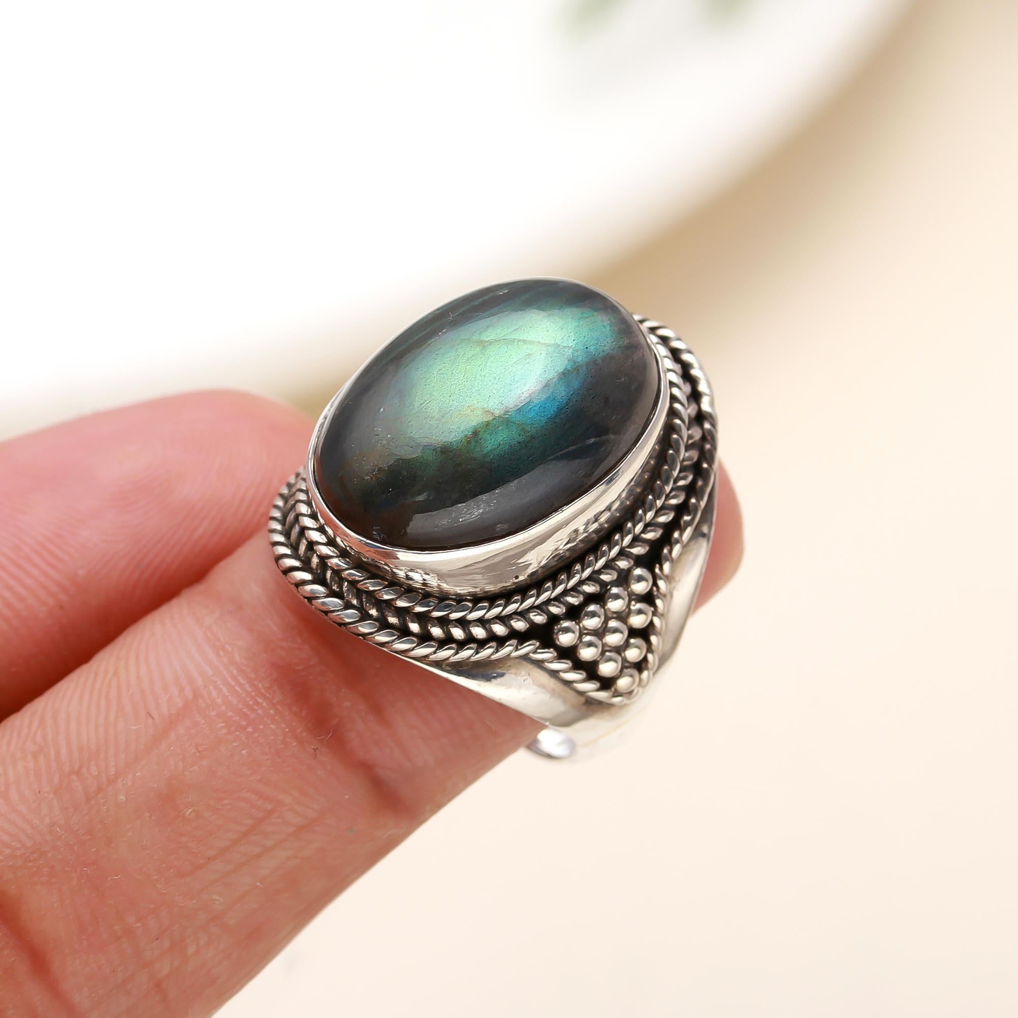 The Mystic Fortress: Labradorite & Silver Granulated Ring