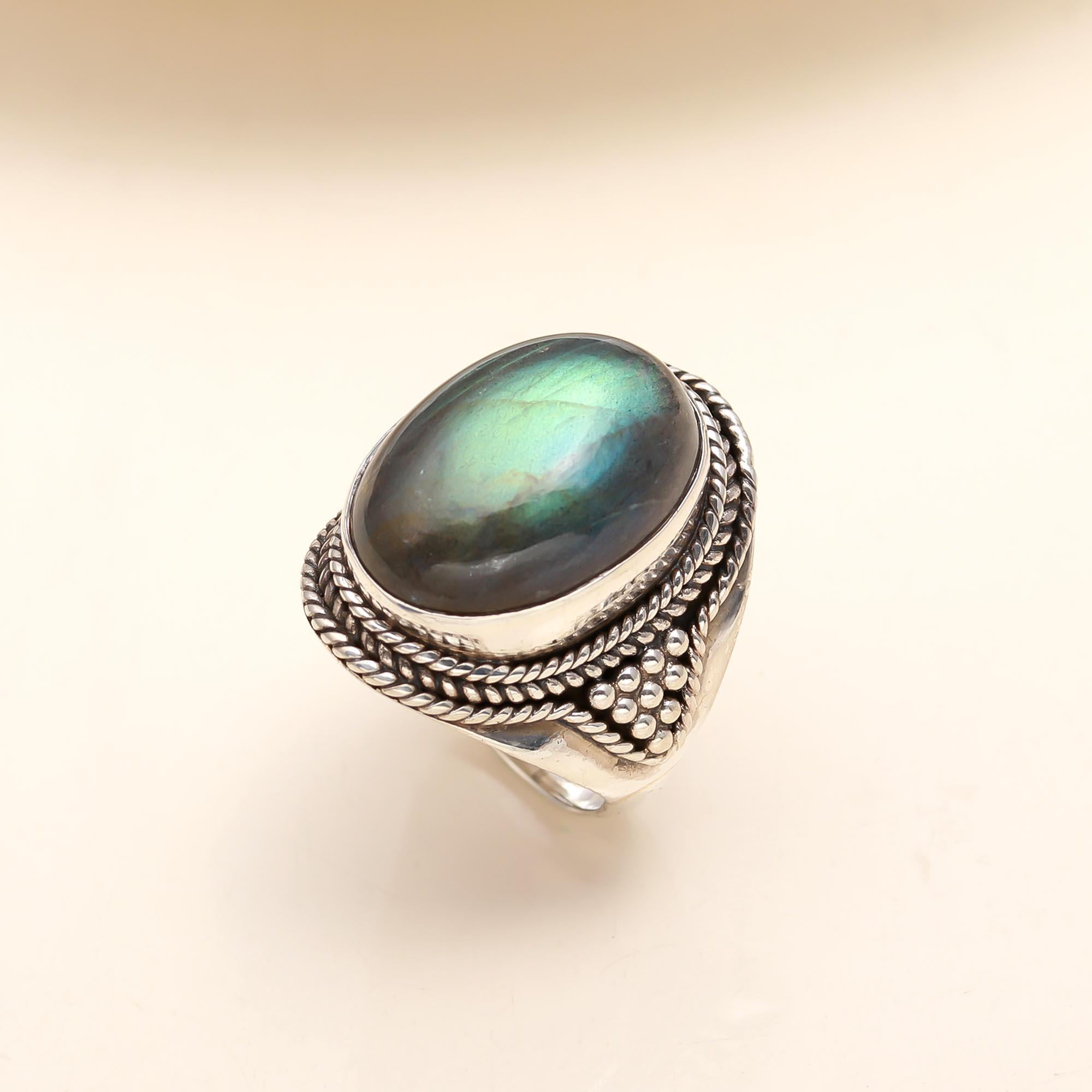 The Mystic Fortress: Labradorite & Silver Granulated Ring
