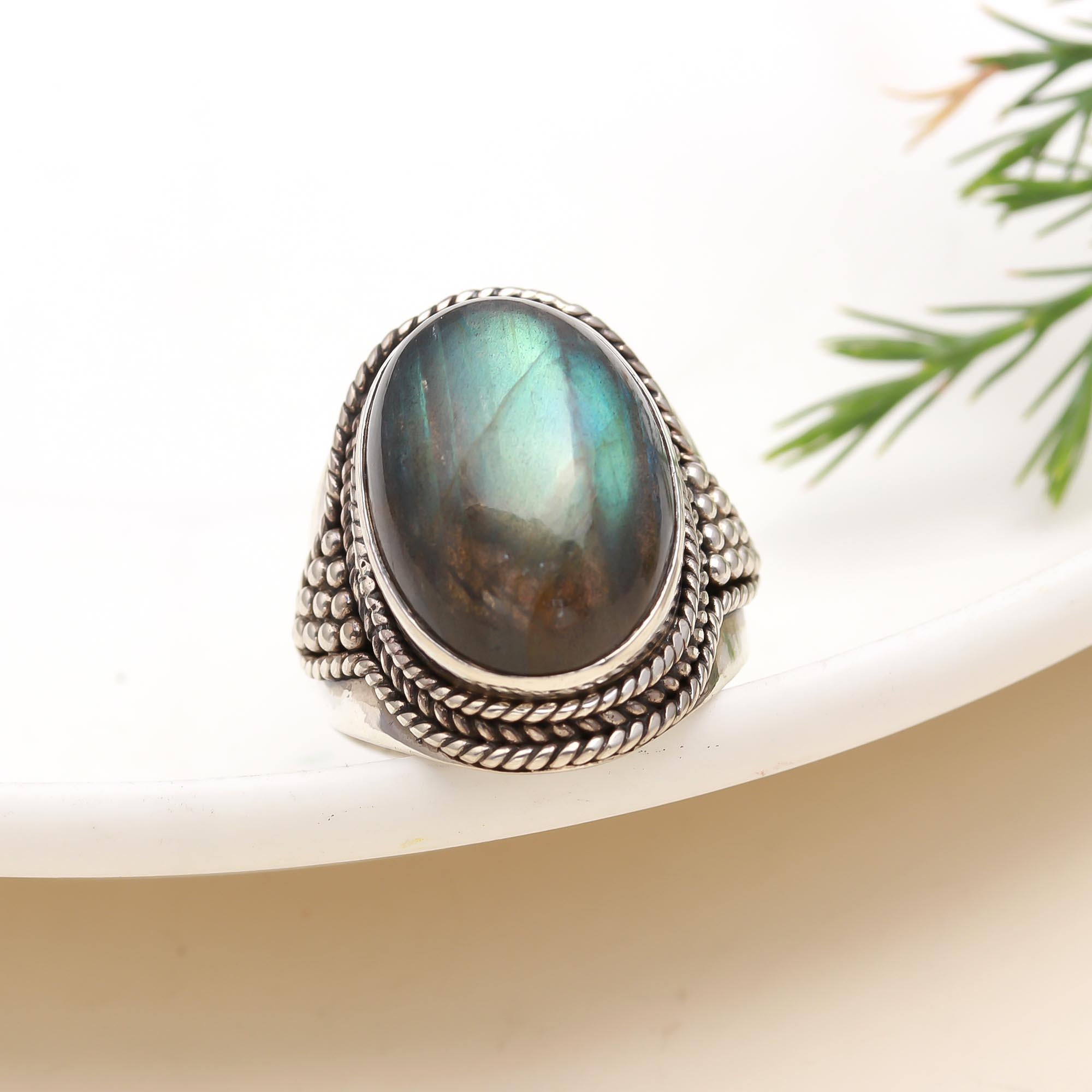 The Mystic Fortress: Labradorite & Silver Granulated Ring