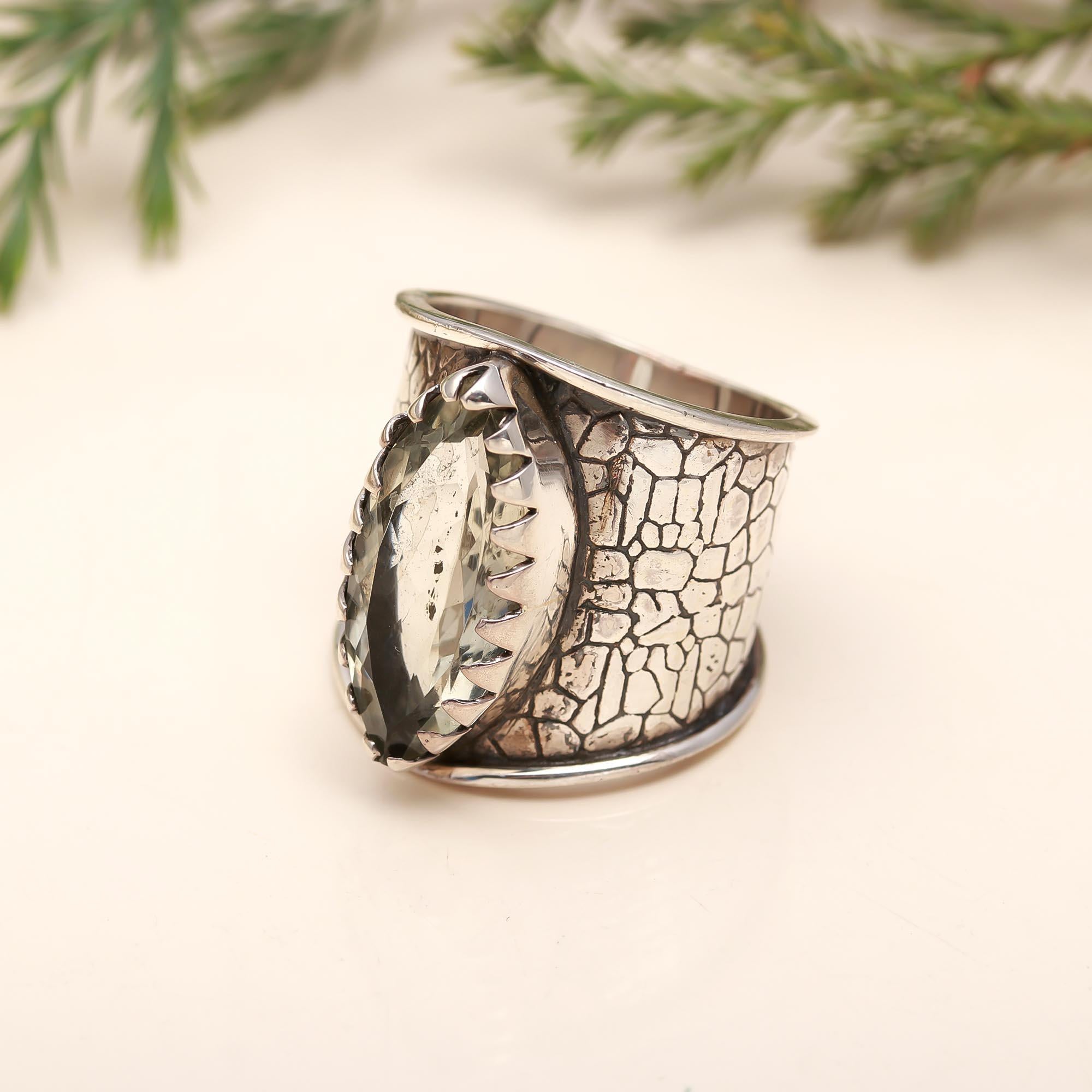 925 Silver Green Quartz Wide Band Ring