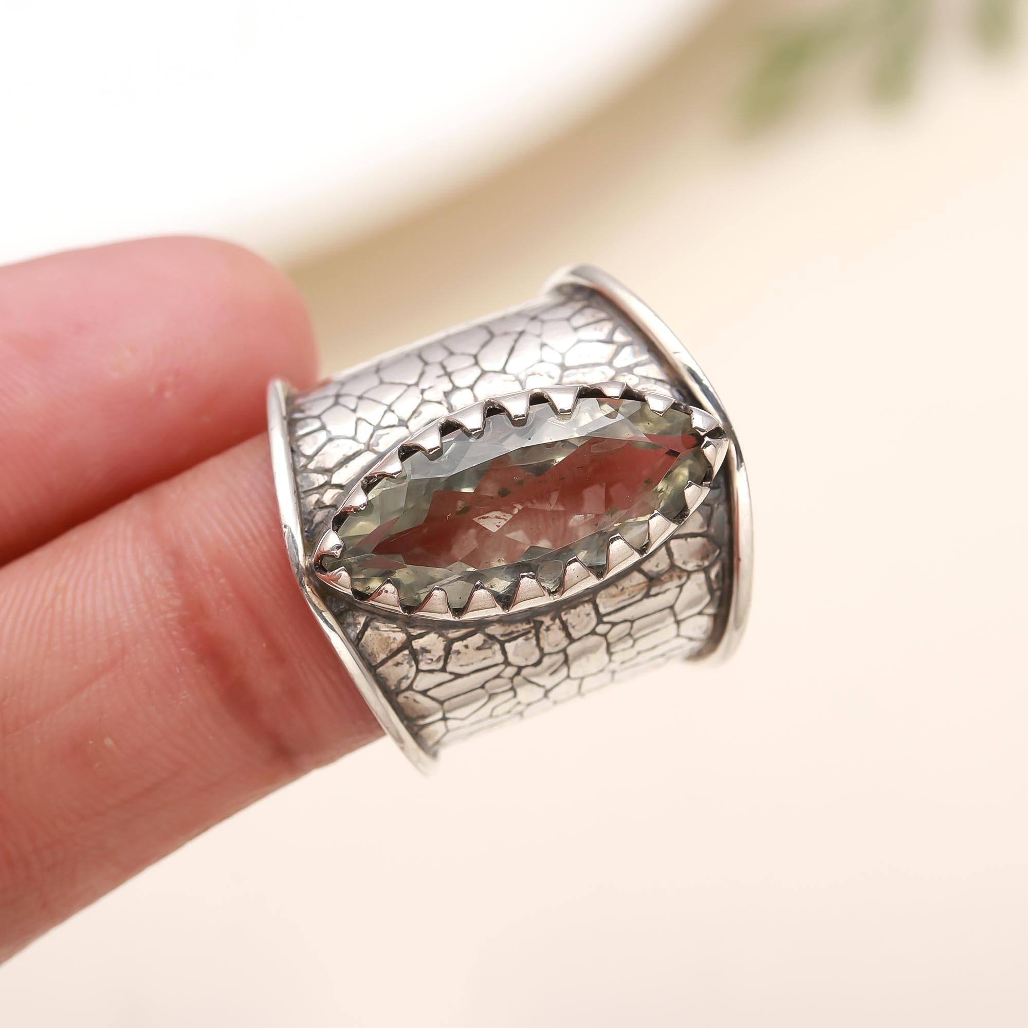 925 Silver Green Quartz Wide Band Ring