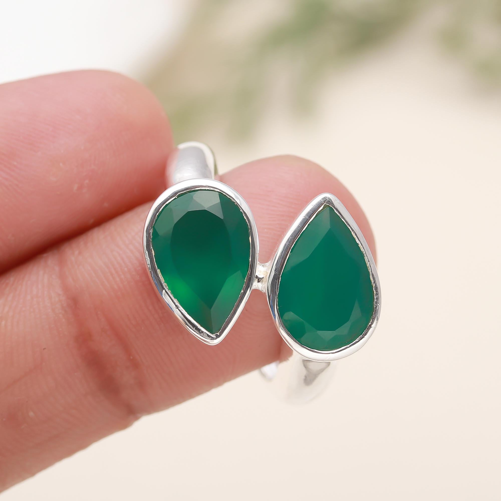 925 Silver Green Onyx Open Ring