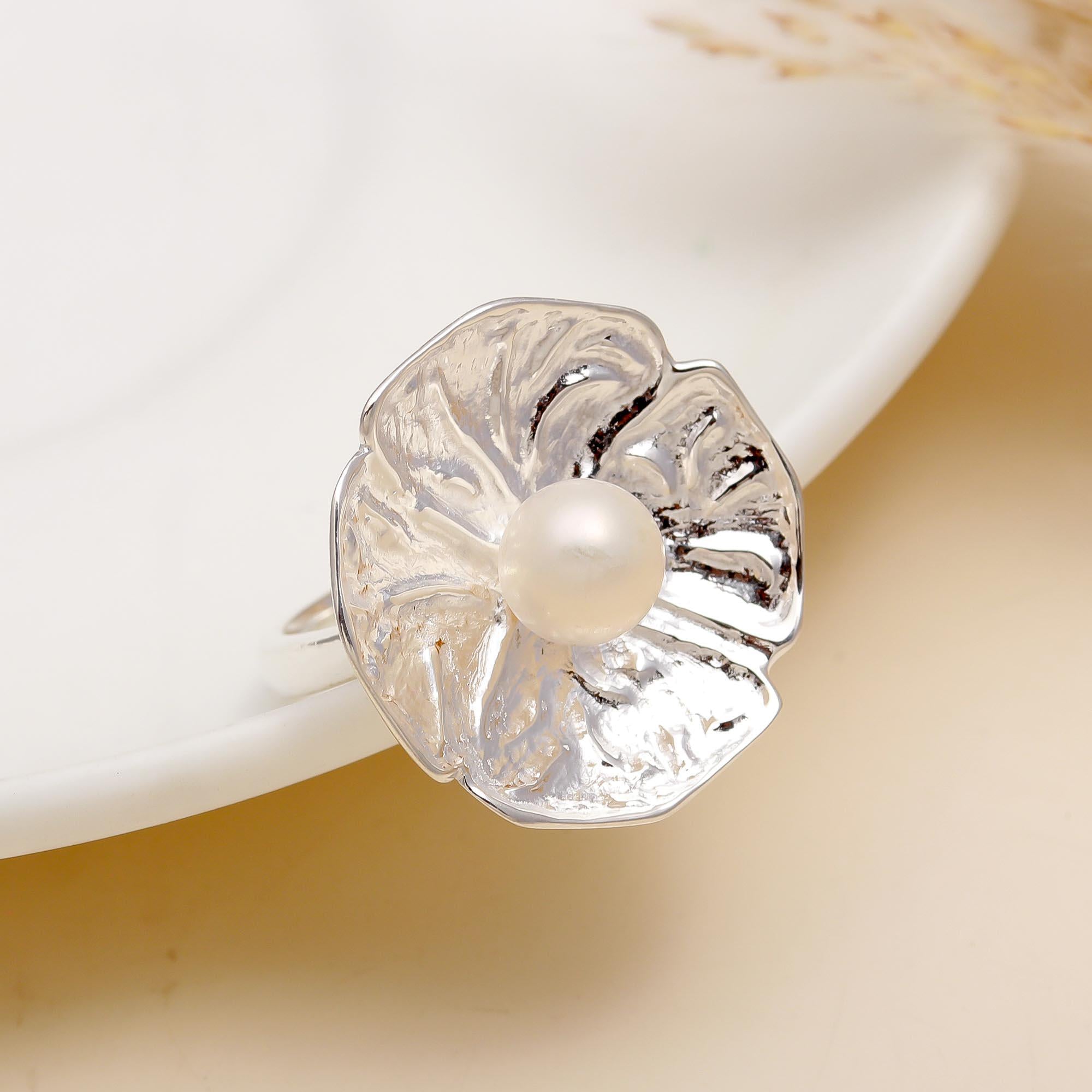 925 Silver Pearl Lotus Ring