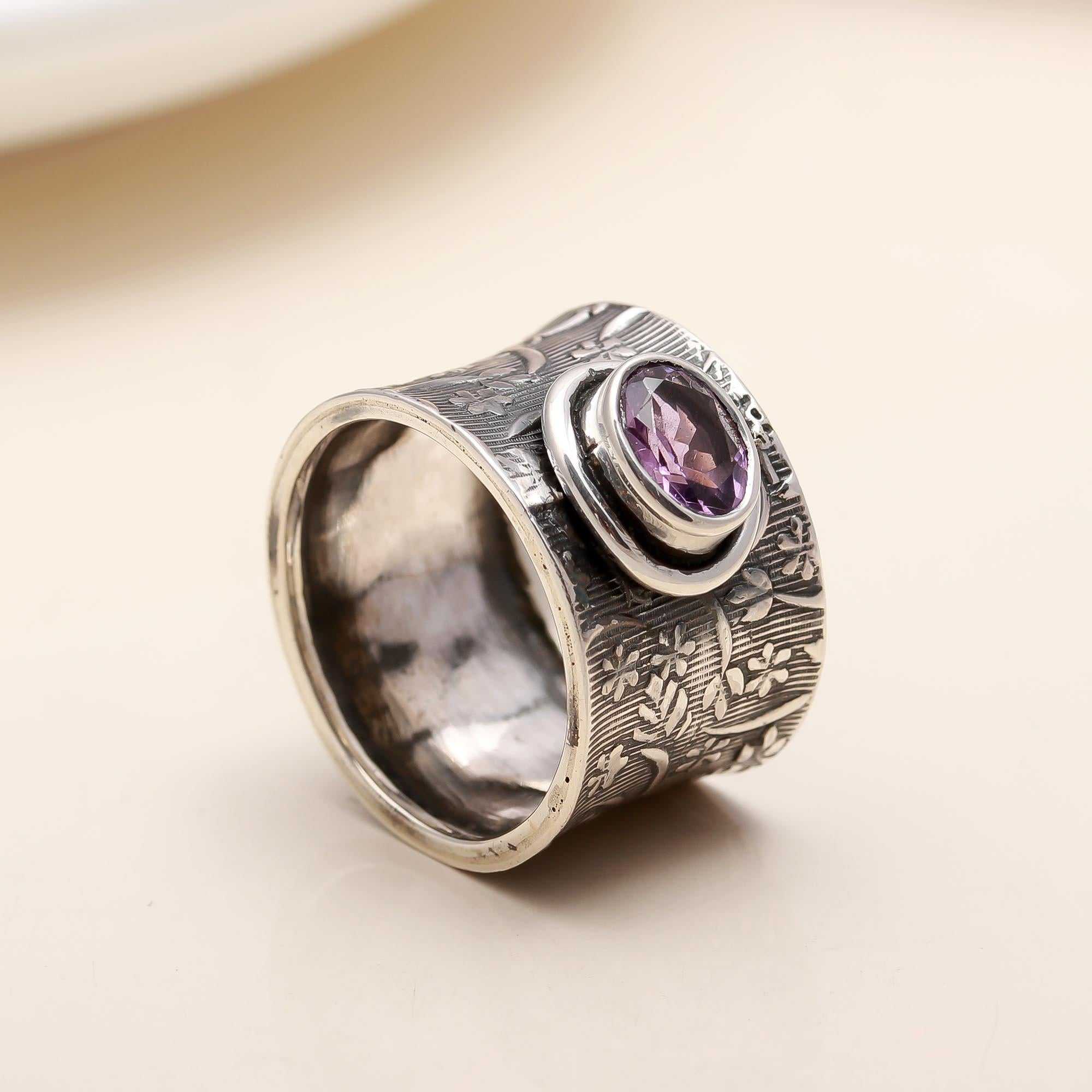 925 Silver Amethyst Wide Ring