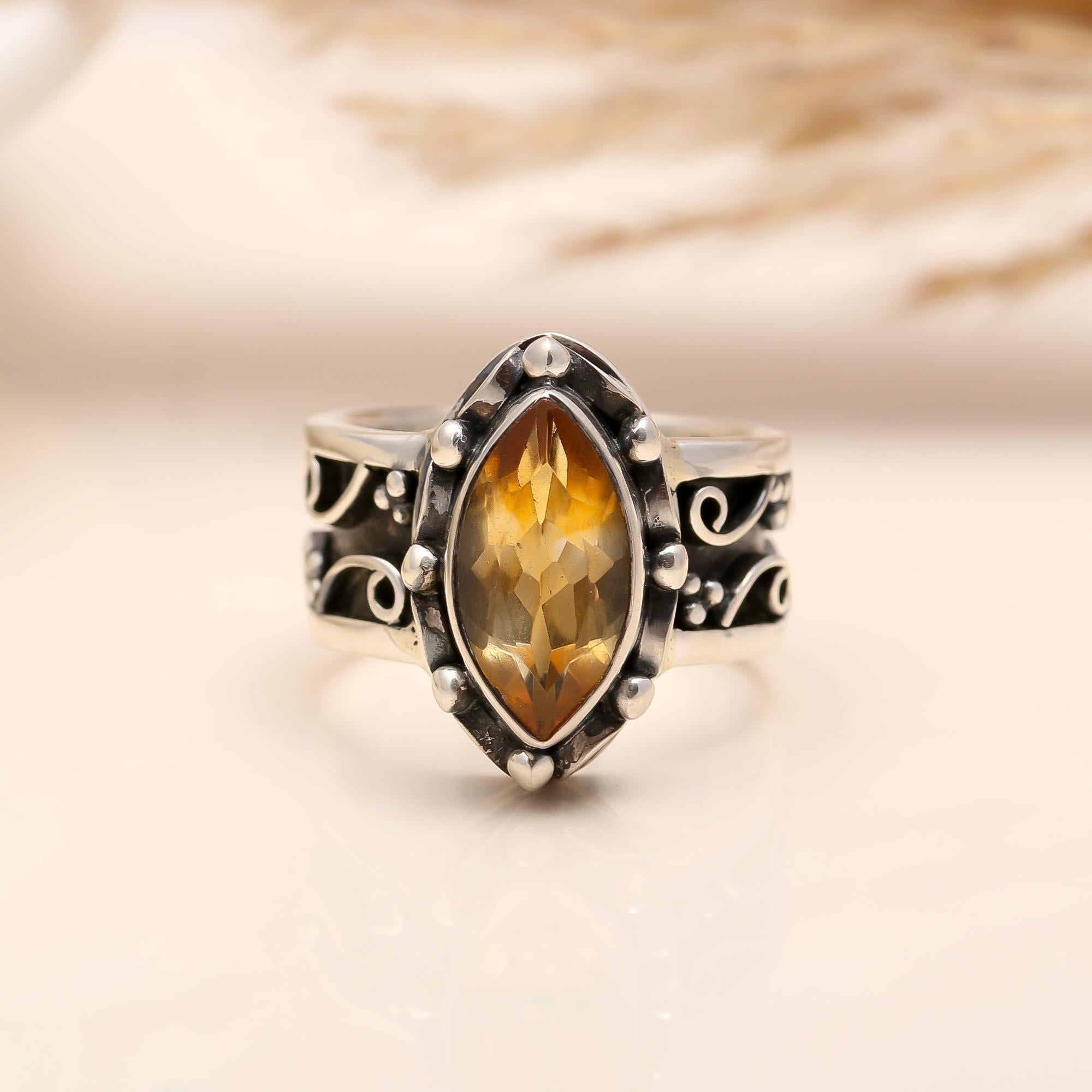 The Vintage Scroll: Citrine Oxidized Silver Filigree Ring