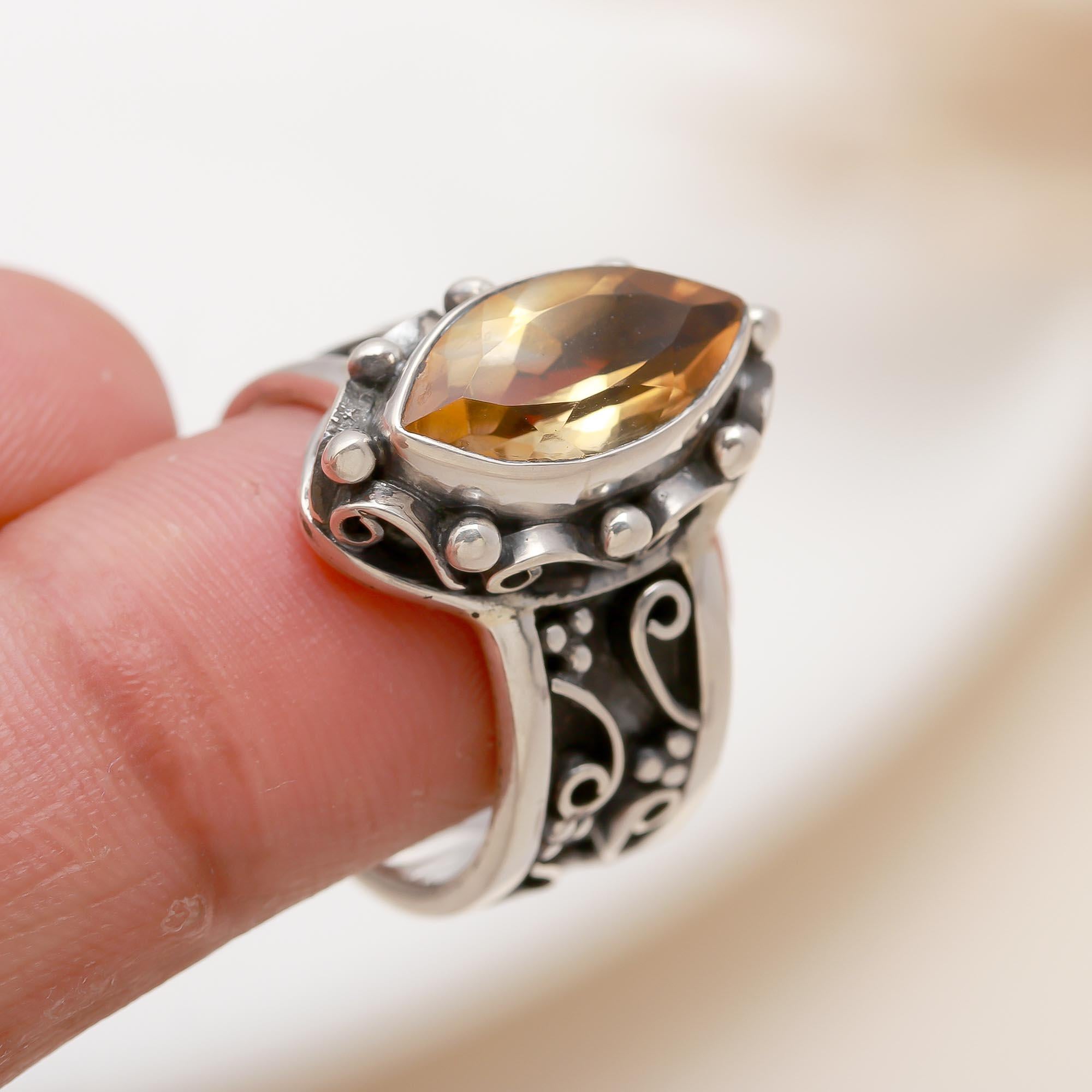 The Vintage Scroll: Citrine Oxidized Silver Filigree Ring