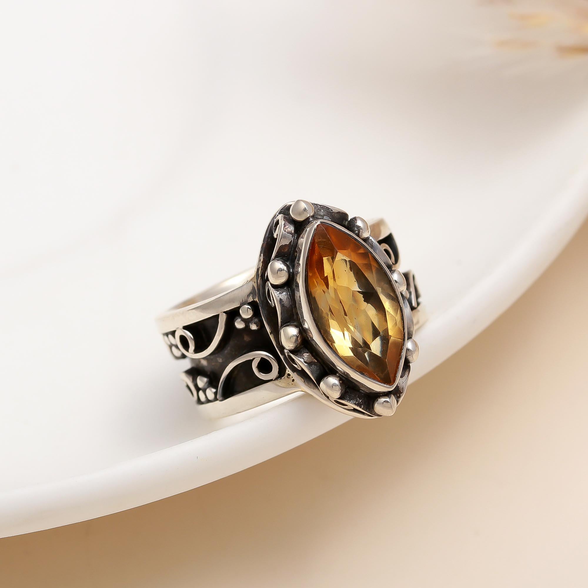 The Vintage Scroll: Citrine Oxidized Silver Filigree Ring