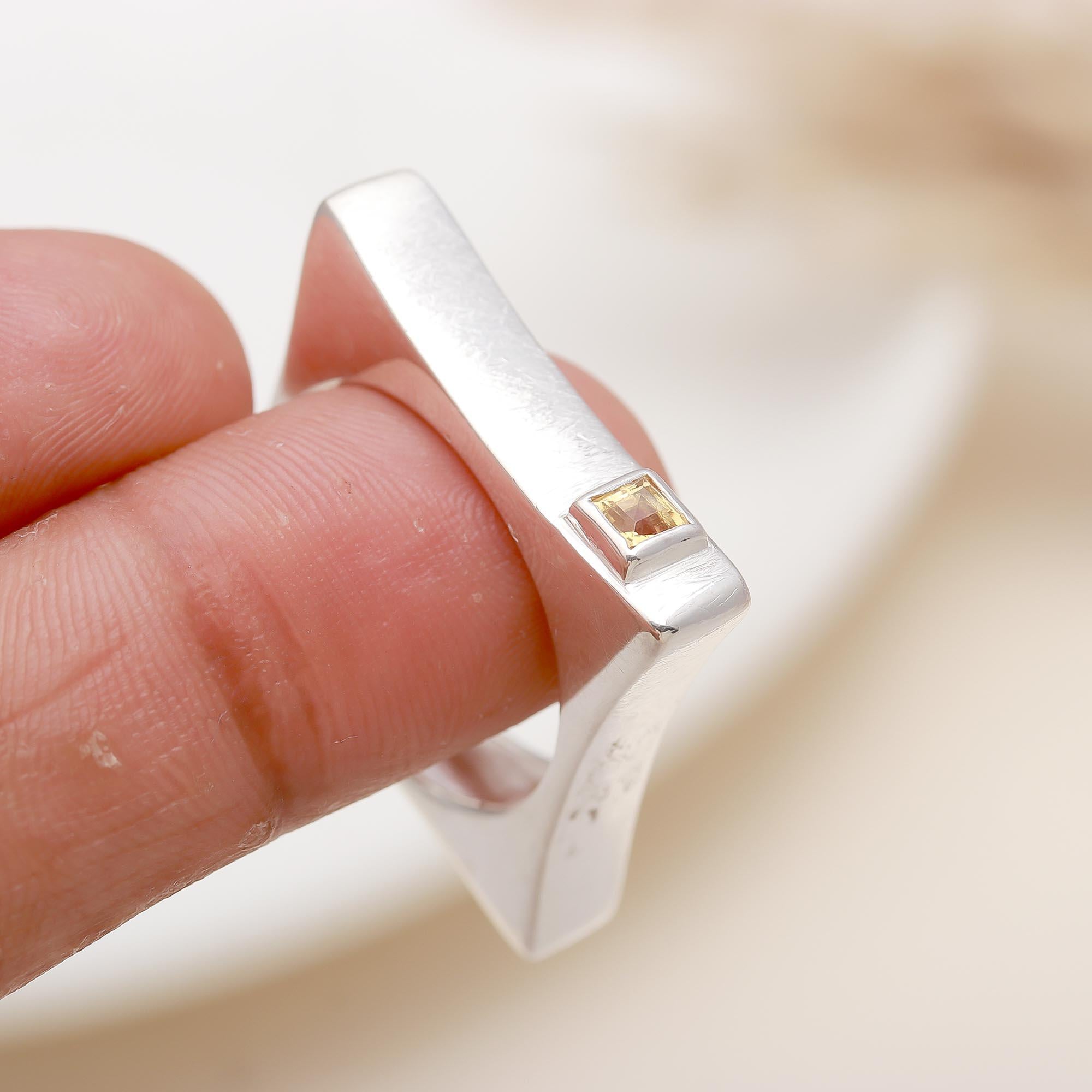 The Modern Cube: Citrine & Brushed Silver Square Ring